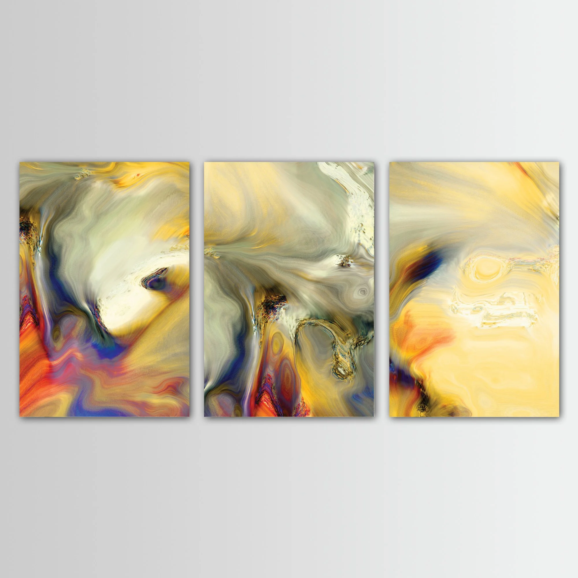 Abstract fine art triptych with liquid marble textures in warm gold, ocher, and cream, contrasting with deep navy blue and terracotta swirls, framed and ready to hang.