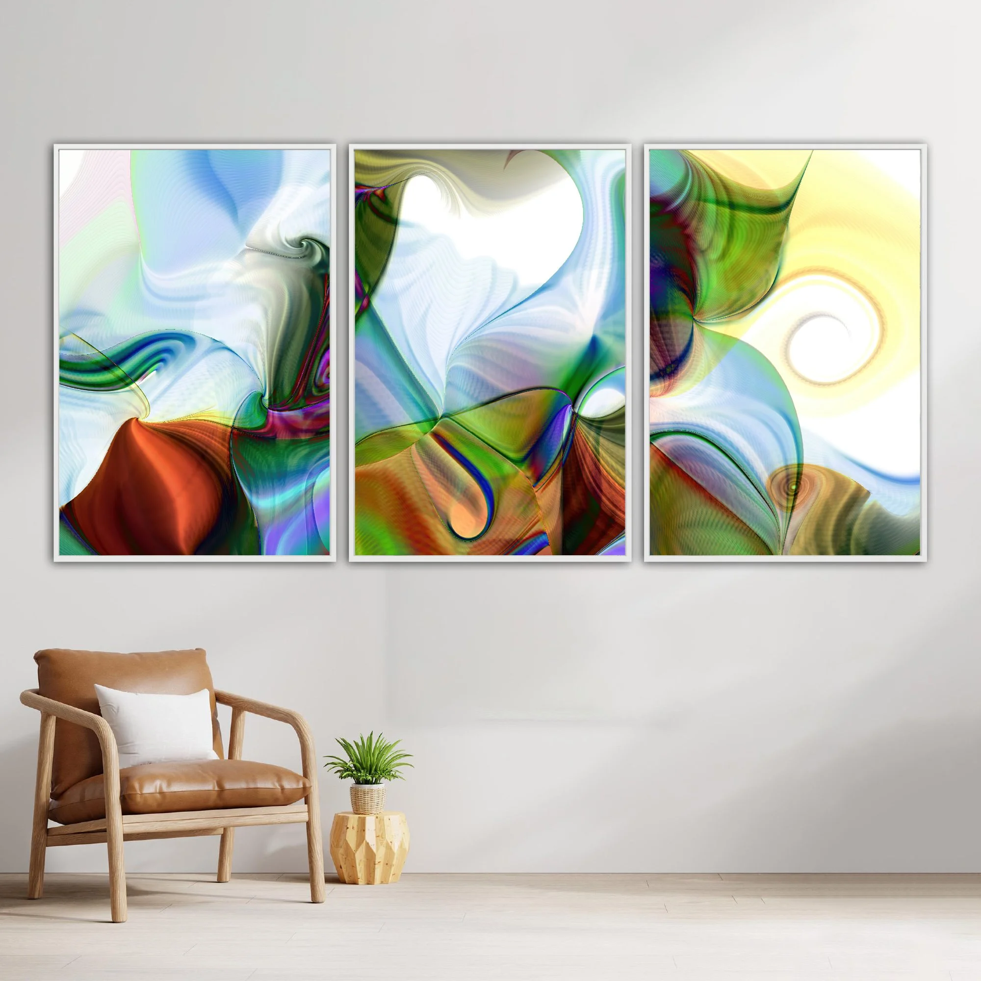 Abstract triptych with spiral patterns, line textures, and a color palette of forest green, sky blue, and warm earth tones over a white background, framed and ready to hang. Whit chair