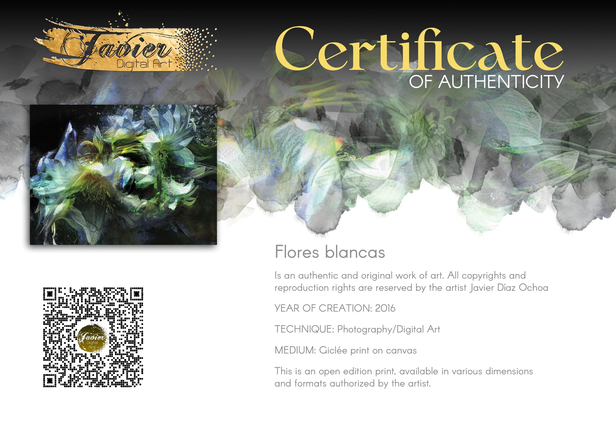 Abstract fine art print featuring ethereal lily flowers with intricate layered textures in green, teal, and blue tones against a dark background, framed and ready to hang. Certificate of Authenticity