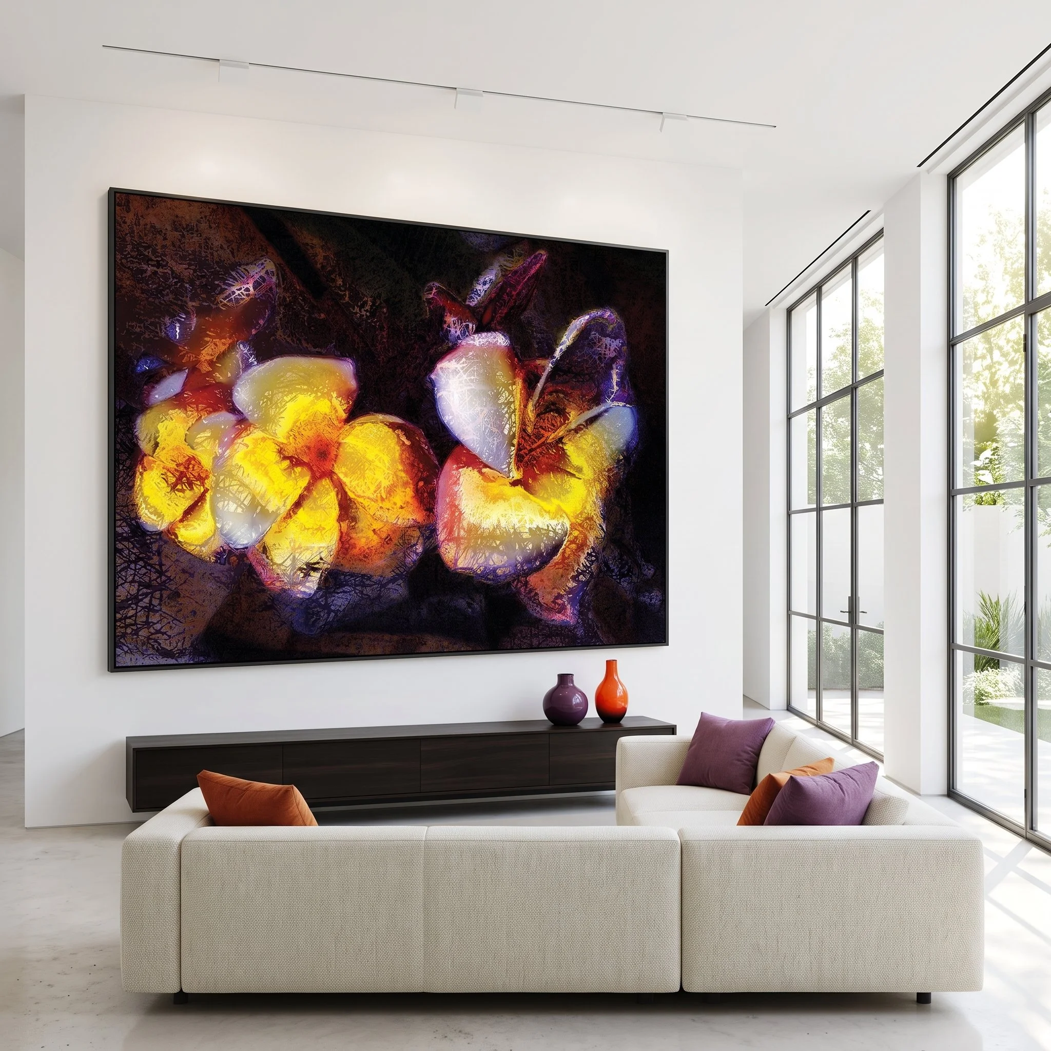 Minimalist living room mockup featuring an oversized framed abstract painting of glowing yellow and purple flowers on a crisp white wall above a low-profile cream sectional sofa.