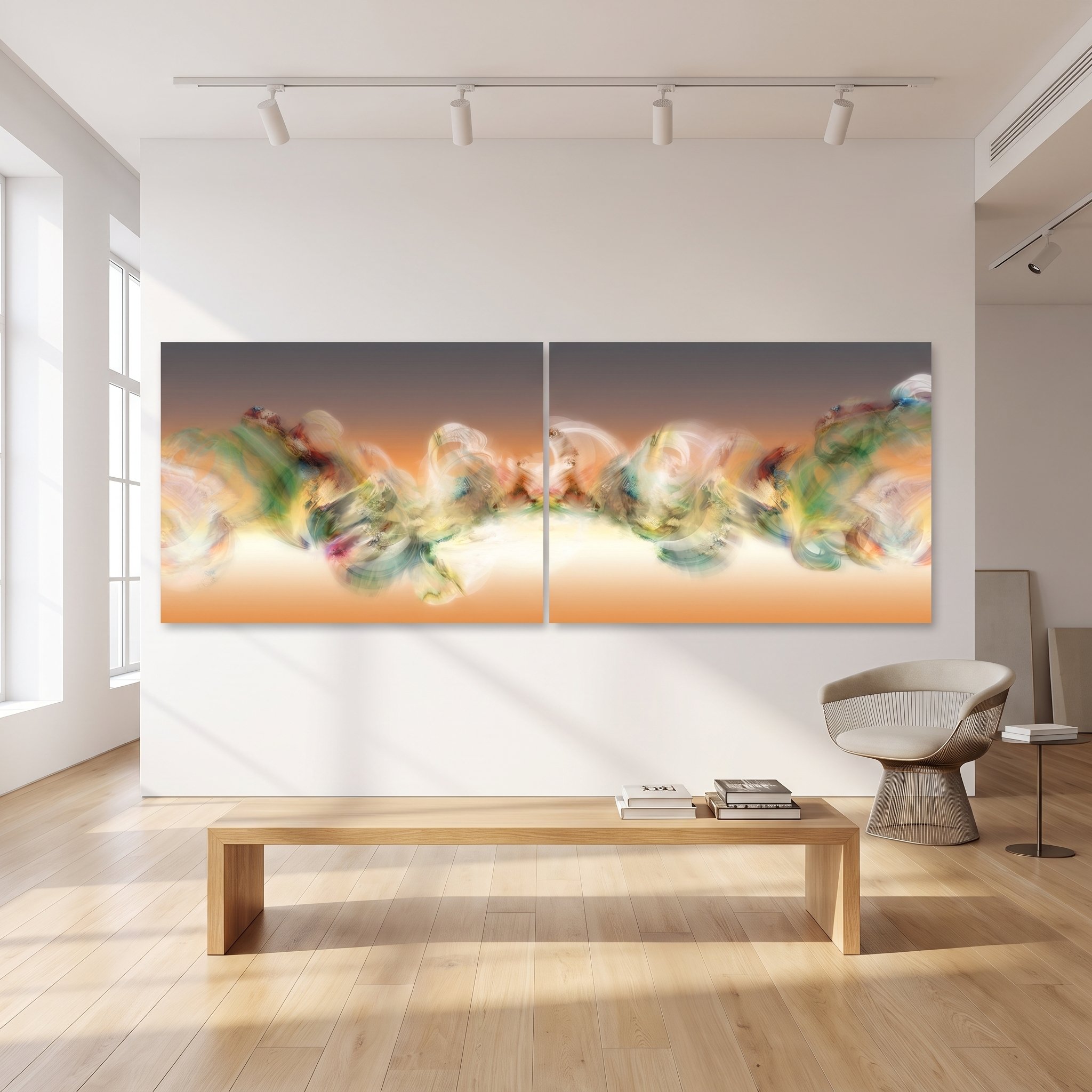 Orange and gray abstract art diptych displayed in a modern art gallery with white walls, a minimalist wooden bench, and track lighting.