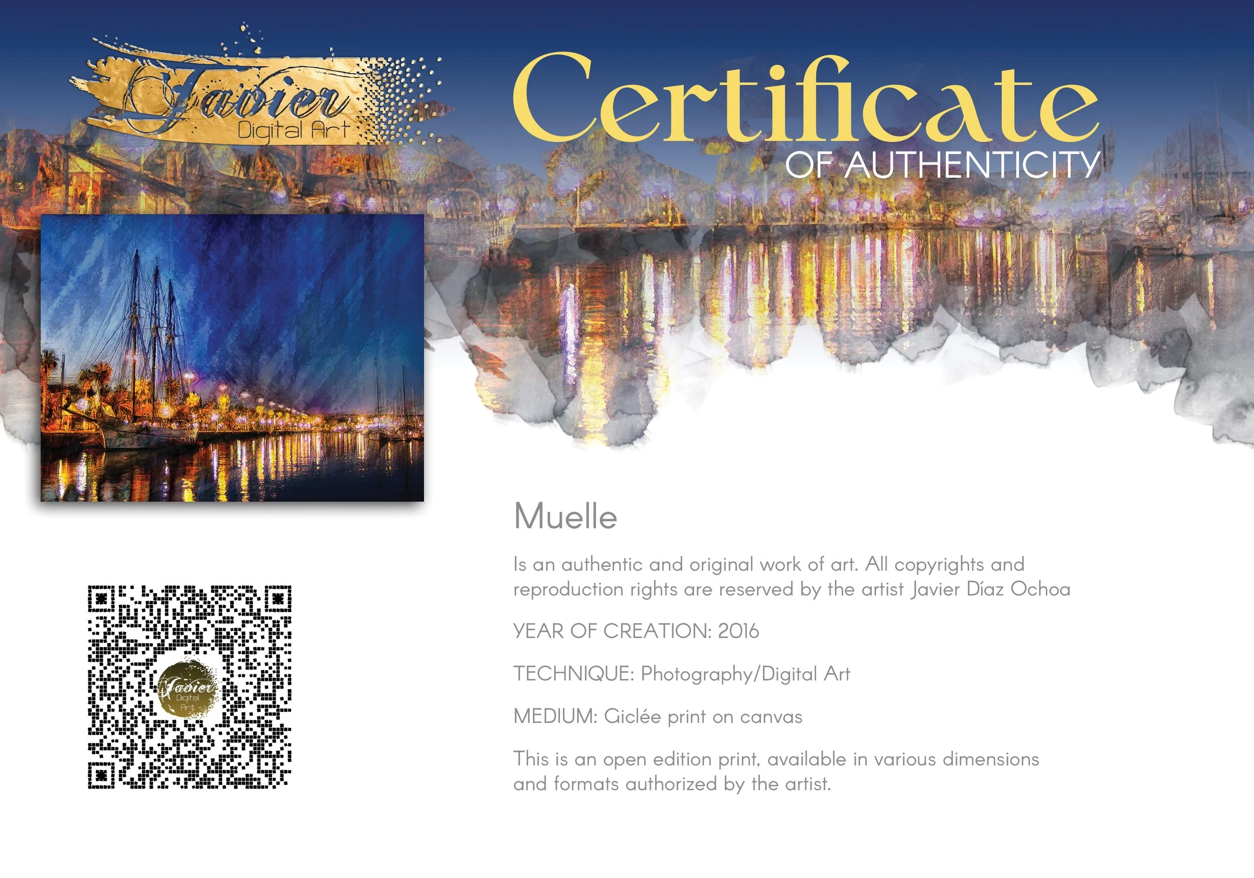 Expressionist art of a night of Port Vell in Barcelona, with a sailboat, palm trees, illuminated street lamps, and reflections on water, framed and ready to hang. Certificate of Authenticity
