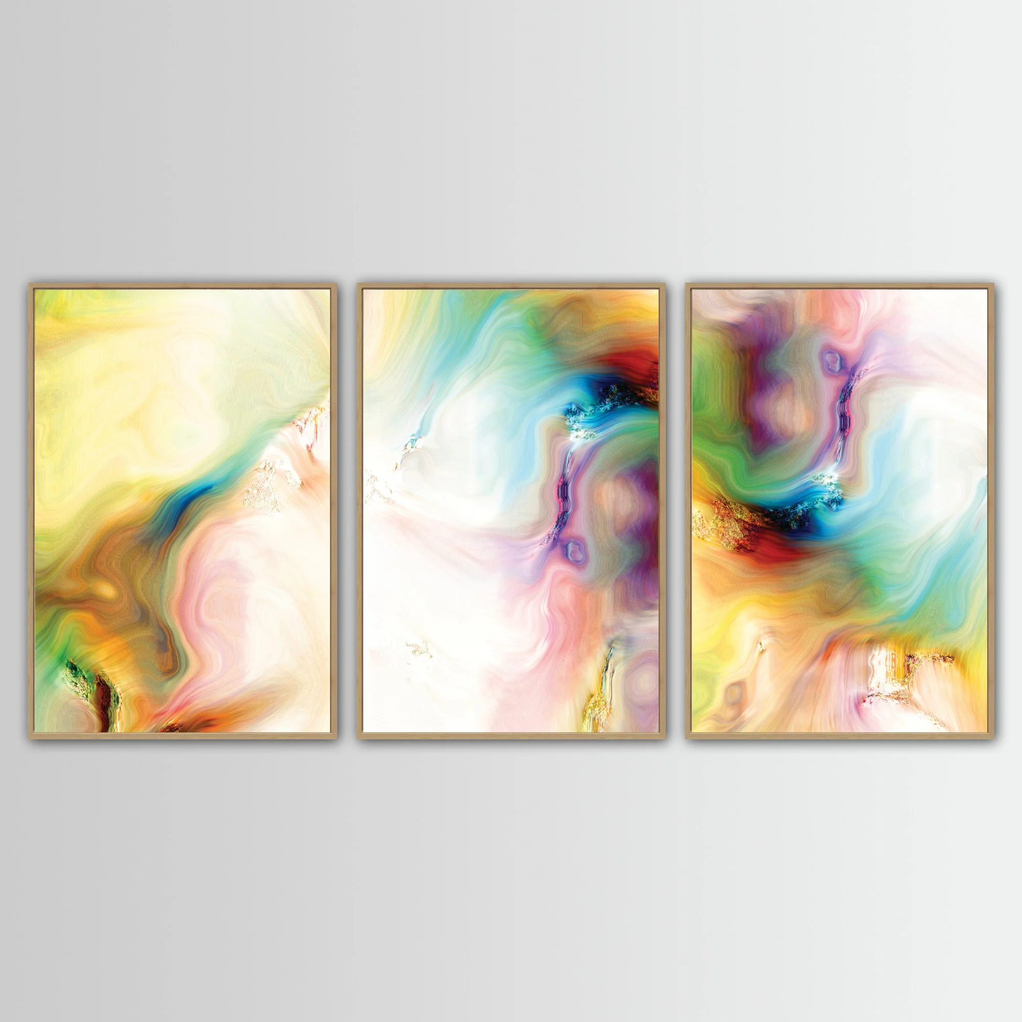 Abstract fine art triptych with textures and swirls in  yellow, green, turquoise, and pink with gold accents on a white background, framed and ready to hang. With wooden frame
