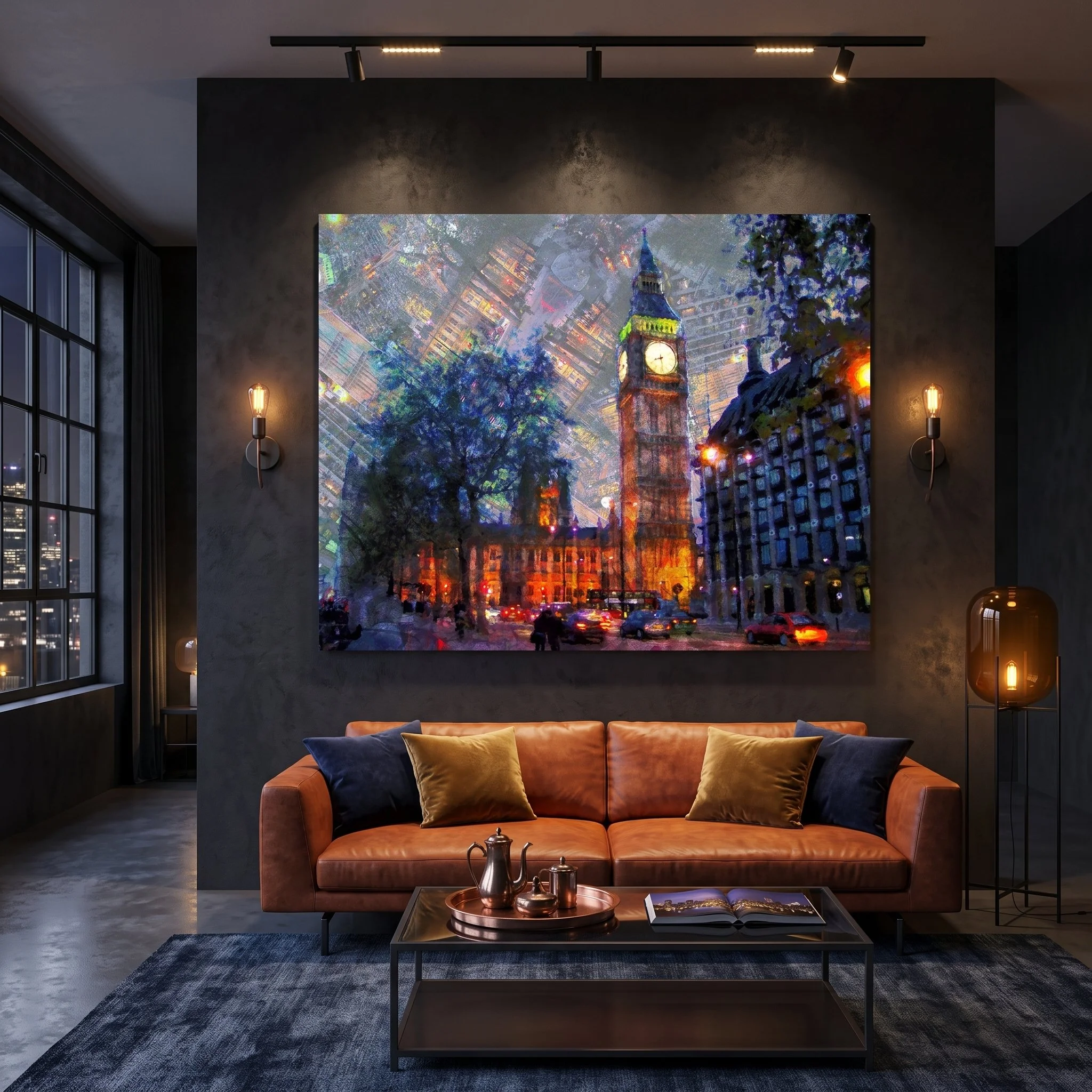 Large art fine art print of London Big Ben hanging on a dark textured wall in a luxury moody living room with a brown leather sofa and dark blue rug