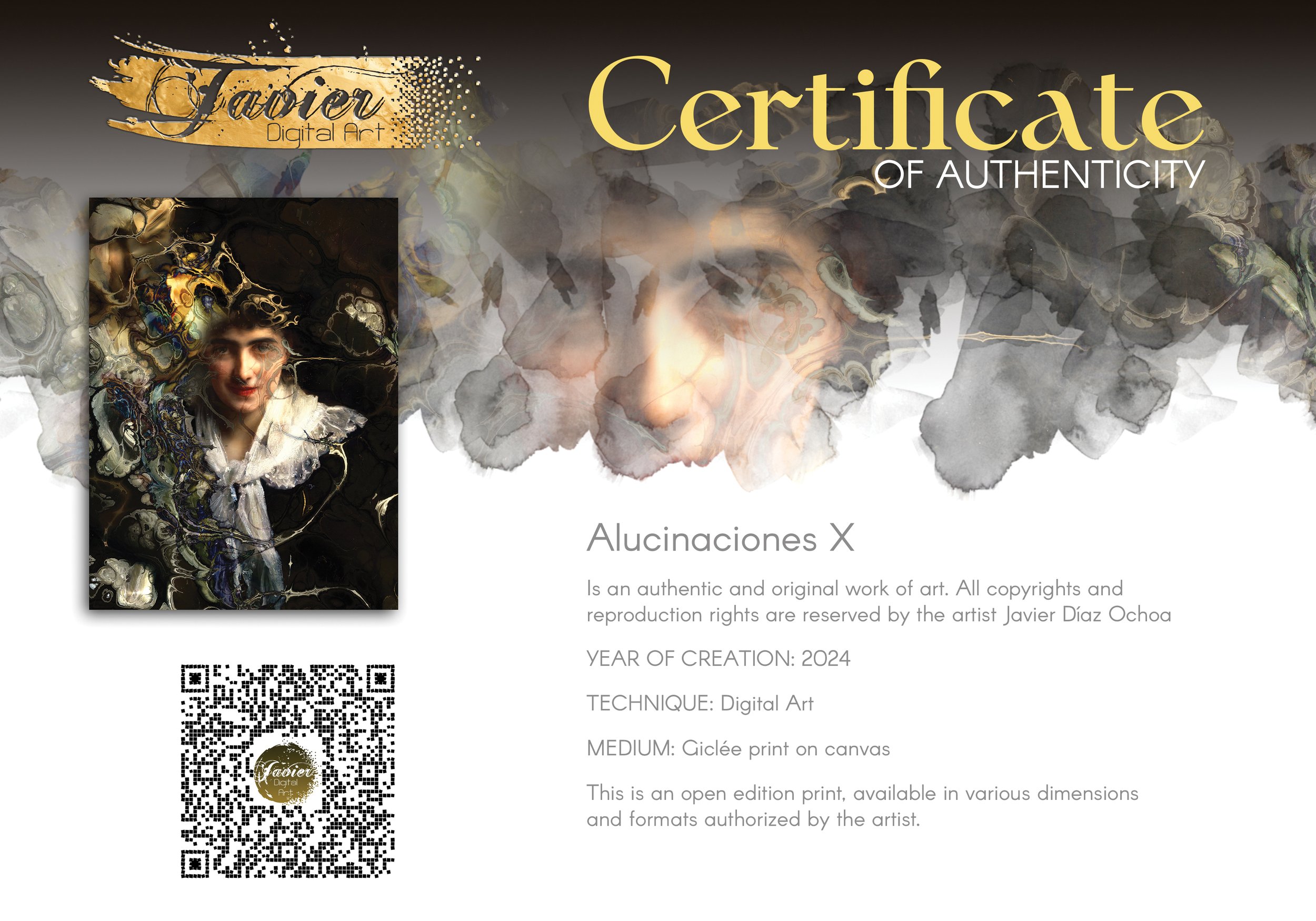 Contemporary art with a classical vintage portrait of a woman with complex fluid marble textures, fractal patterns, and a dark moody background, framed and ready to hang. Certificate of Authenticity