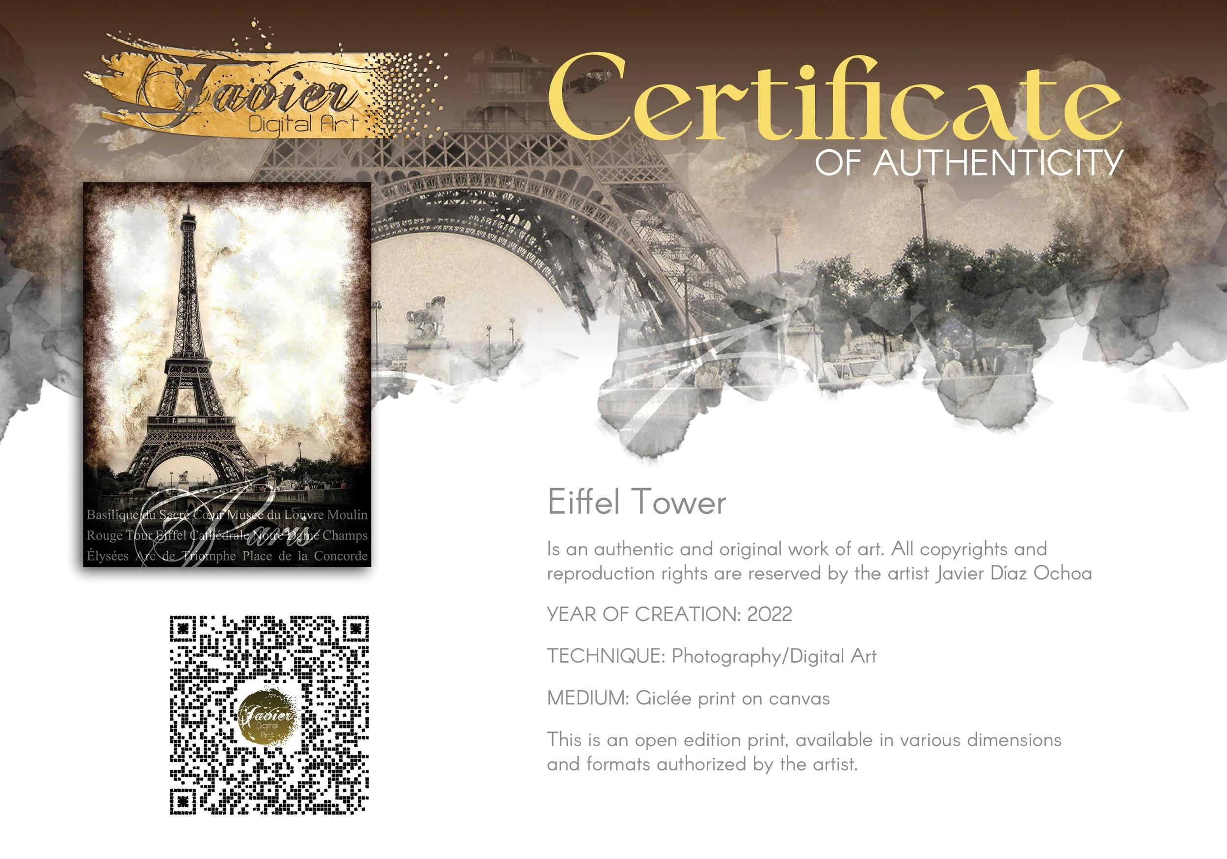 Vintage fine art print of Paris featuring the Eiffel Tower with a textured sepia background and elegant typography of French landmarks, framed and ready to hang. Certificate of Authenticity