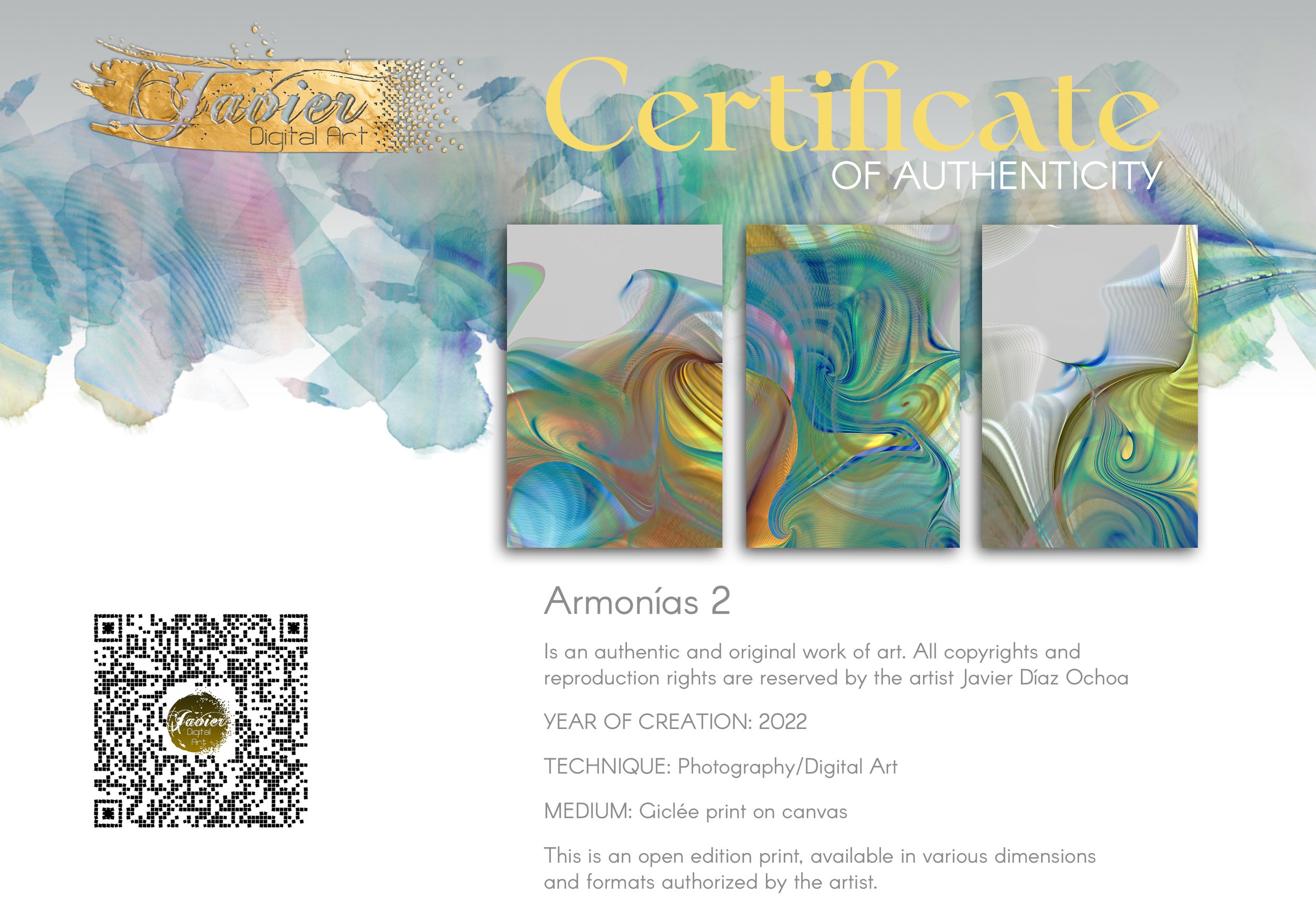 Abstract triptych with swirling shapes and wave line patterns in teal, turquoise, and metallic gold tones over a gray background, framed and ready to hang. Certificate of Authenticity