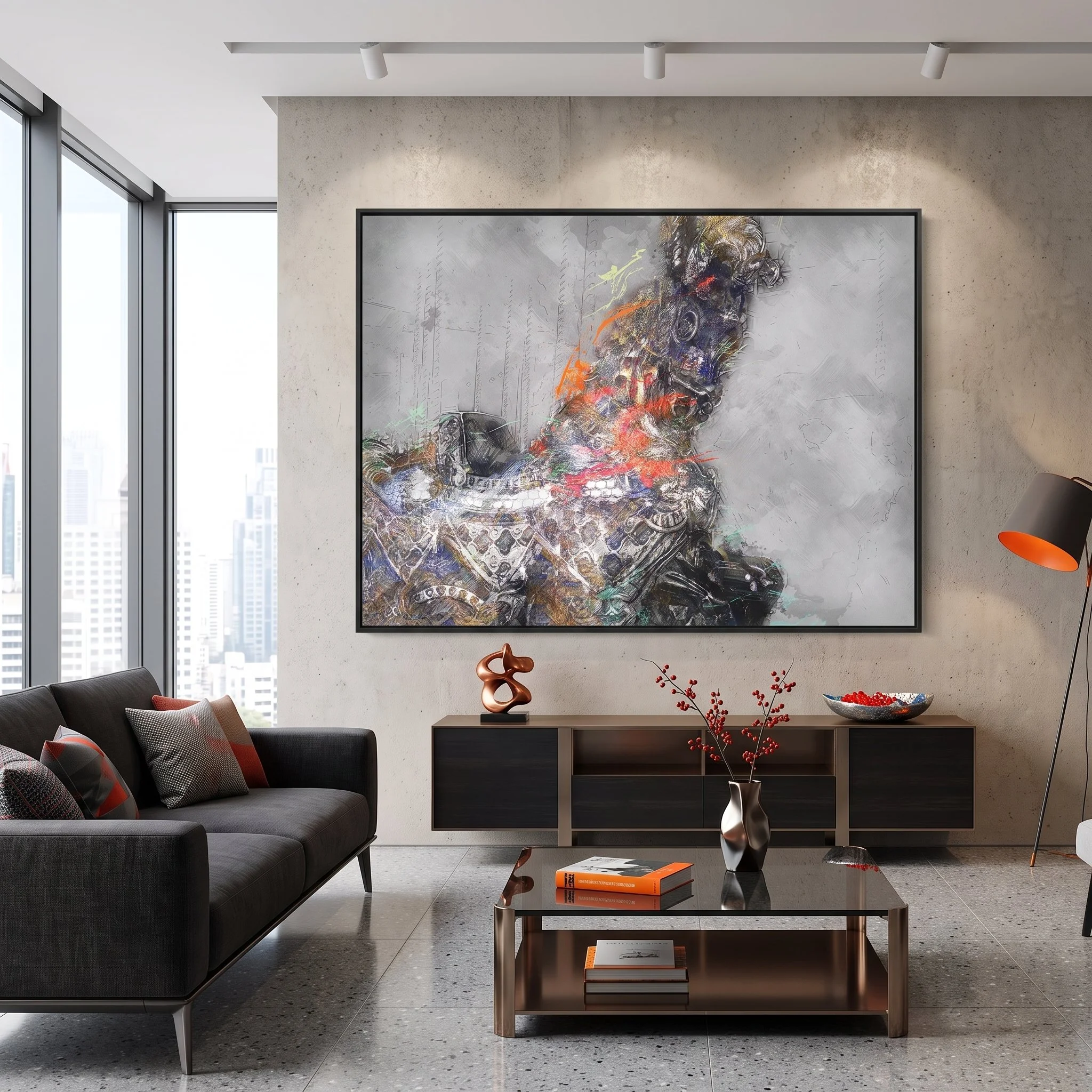 Large art fine art print hanging on a concrete accent wall in a modern industrial living room with a dark gray sofa, glass coffee table, and city views