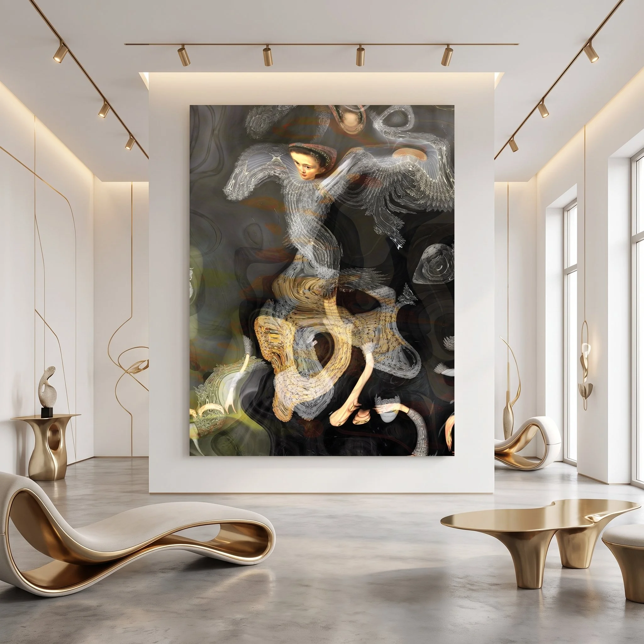 Large canvas art featuring an abstract liquid-textured surreal portrait hanging in a luxury modern showroom with polished concrete floors, futuristic gold seating, and track lighting.