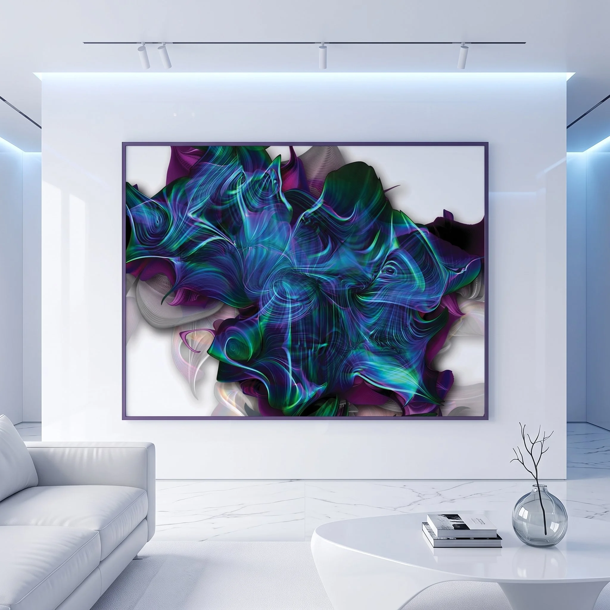Large blue and green abstract painting with a black frame in a minimalist white showroom with blue LED lighting and marble floors.