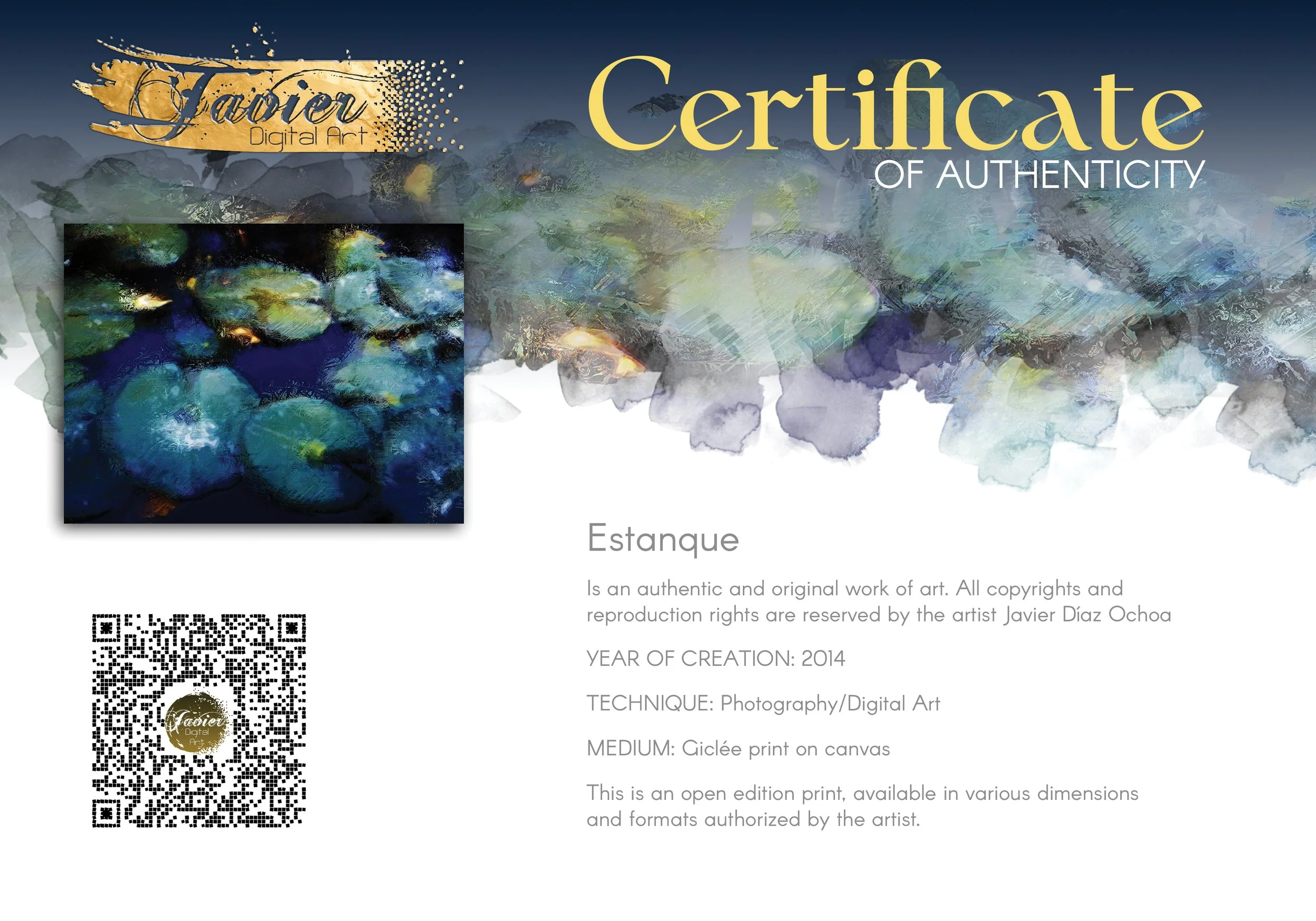 Abstract fine art print evoking a serene pond with lily pads in deep blue, teal, and green tones with impressionistic light textures, framed and ready to hang. Certificate of Authenticity
