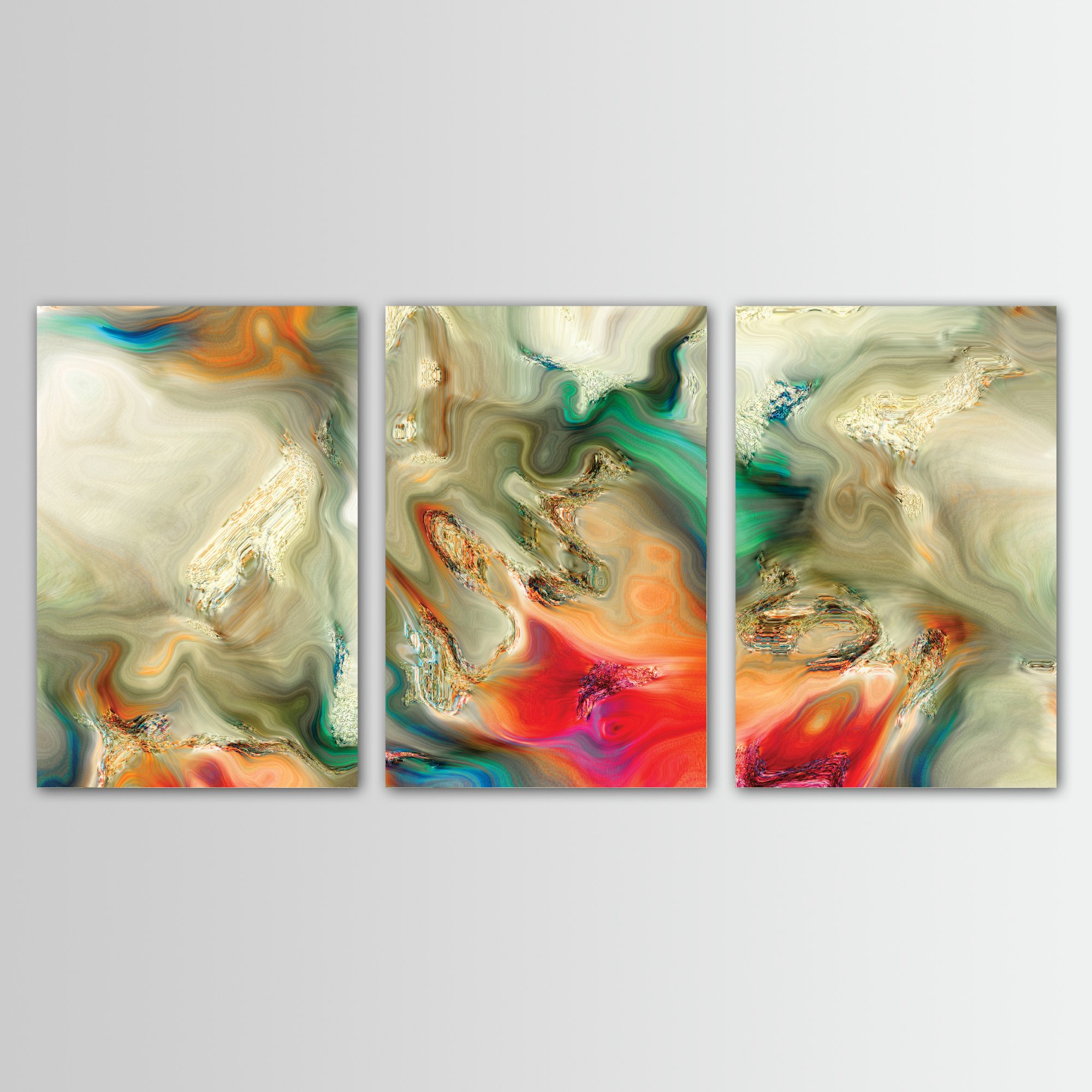 Abstract fine art triptych with liquid marble textures in earth tones, cream, and sage green, red and orange with metallic accents, framed and ready to hang.