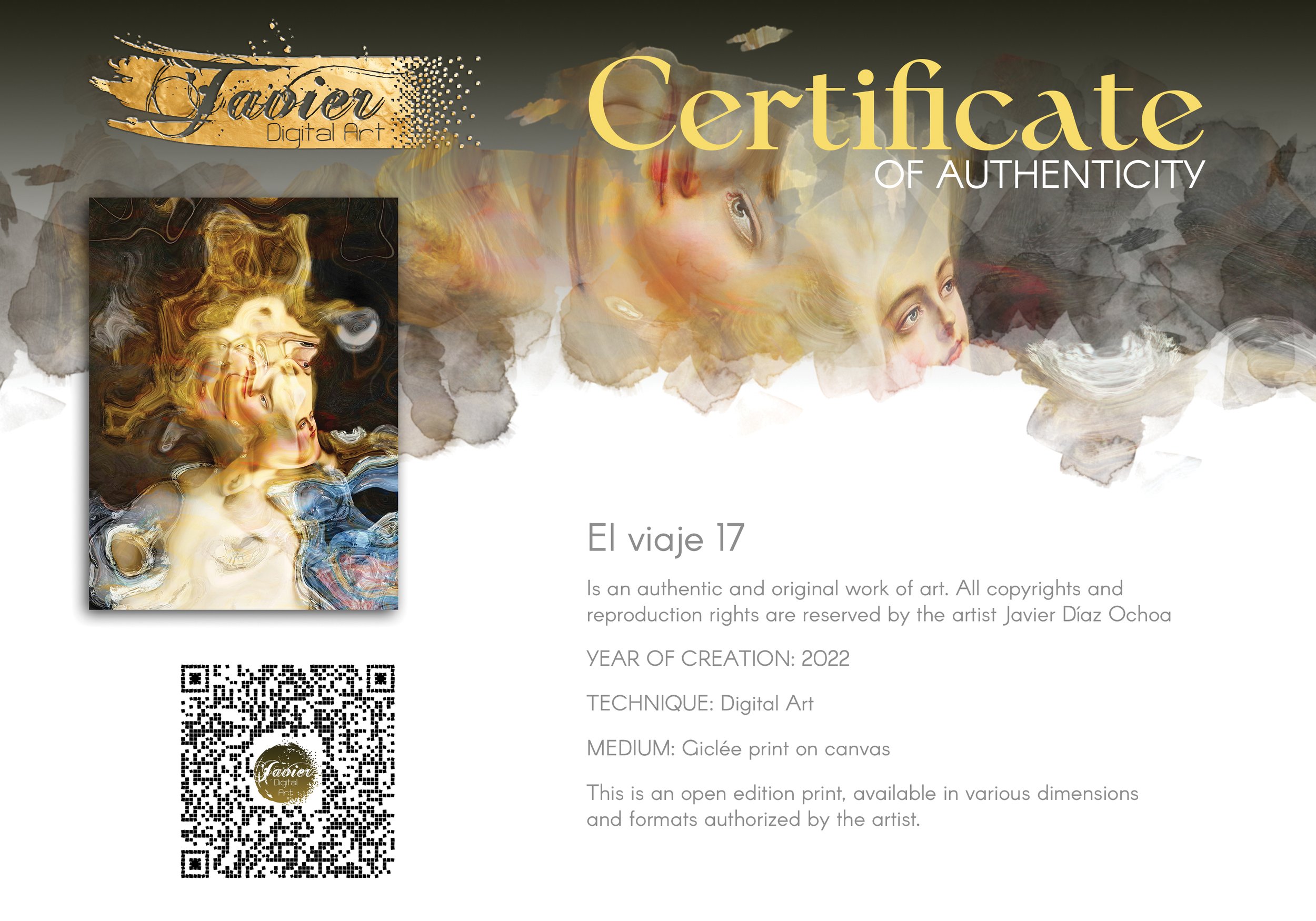 Contemporary fine art print of a surreal liquid deconstruction of classical Renaissance faces melting into swirling golden marble textures, framed and ready to hang. Certificate of Authenticity