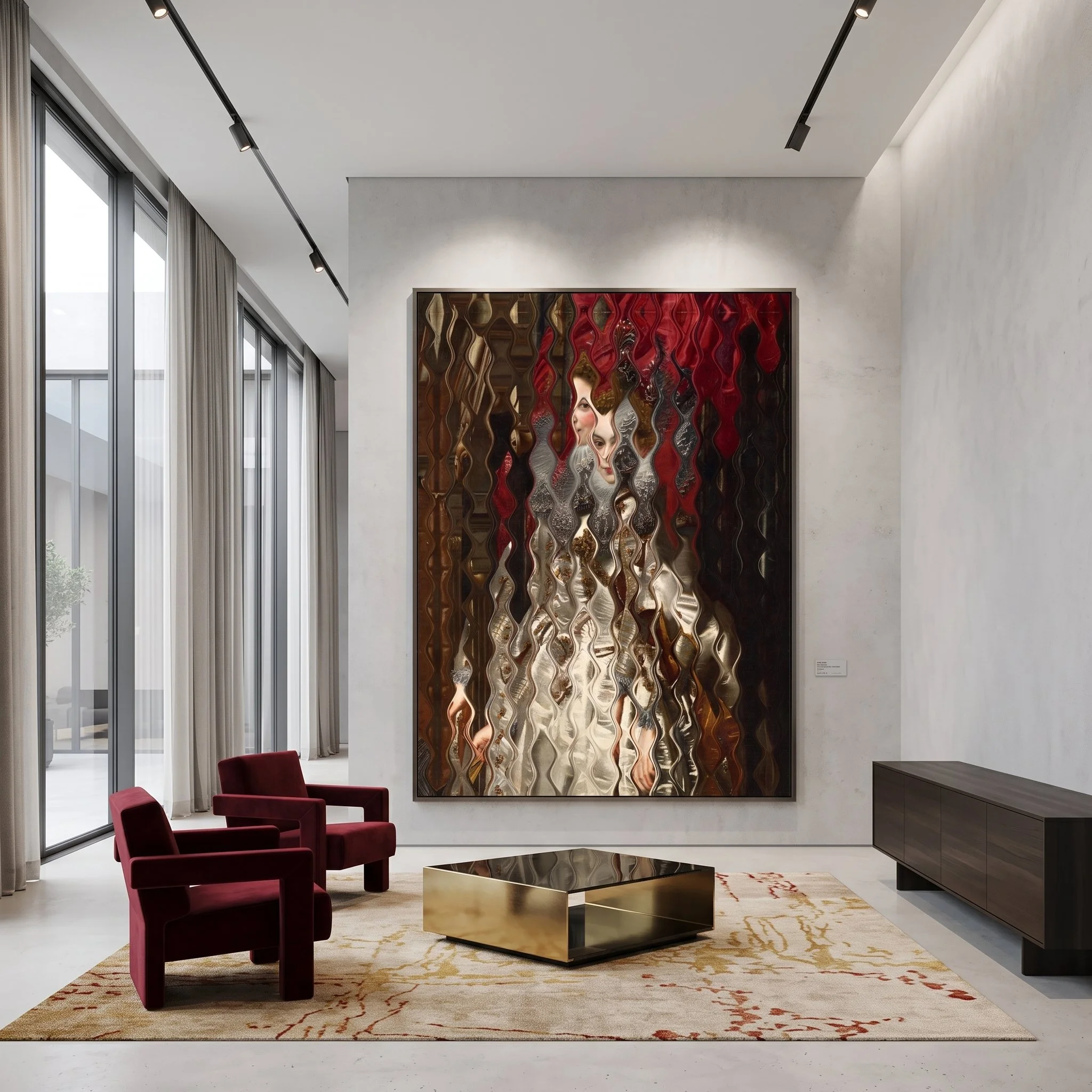 Large canvas art featuring a distorted, textured classic portrait hanging in a luxury modern lounge with red velvet armchairs, a gold coffee table, and large glass doors.