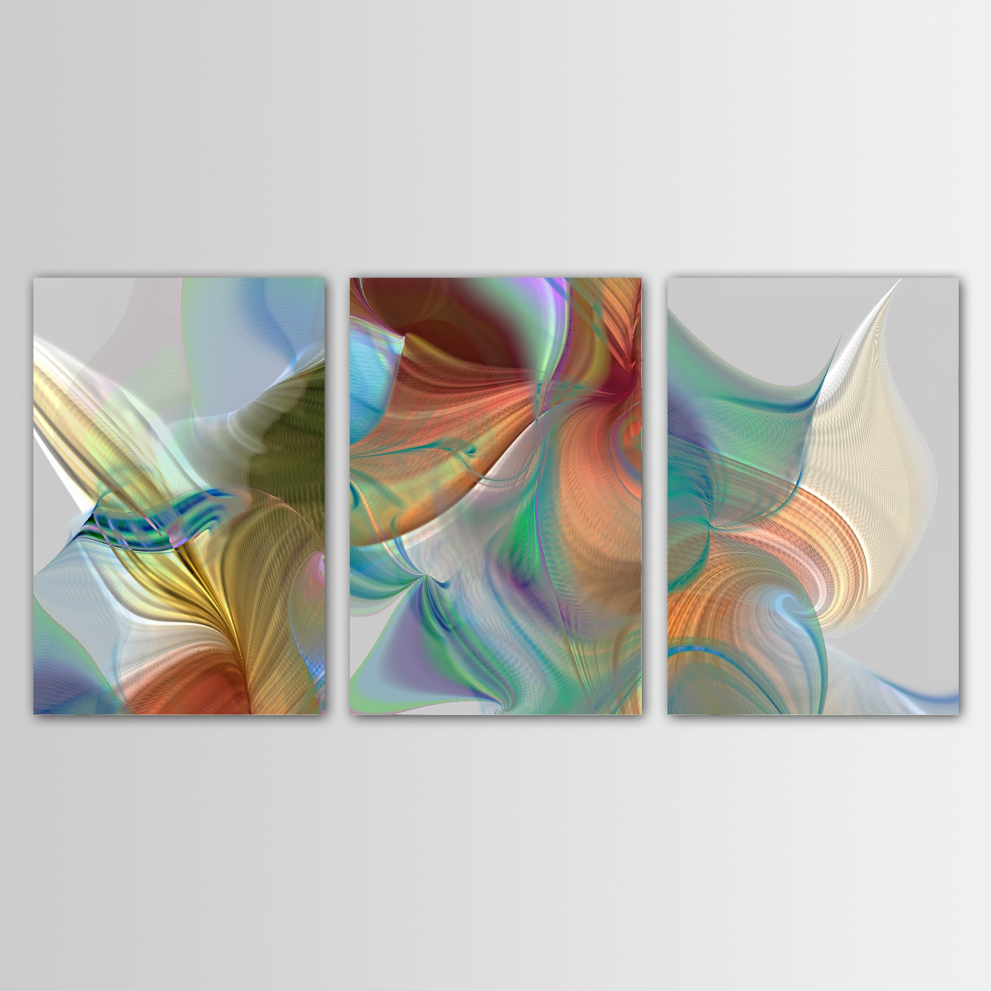 Abstract triptych with flowing organic shapes and wave line patterns in terracotta, old gold, and light blue tones over a gray background, framed and ready to hang.