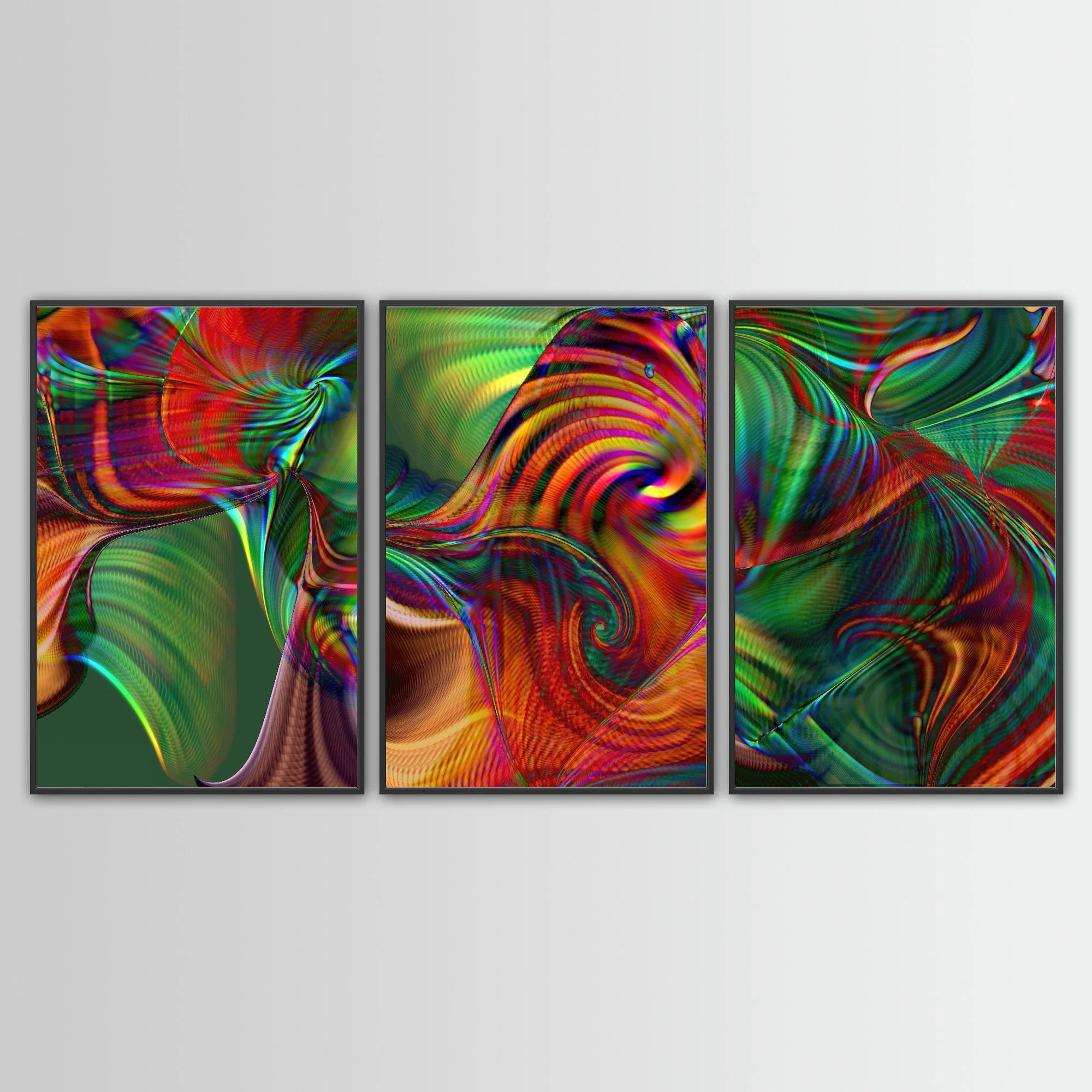 Abstract fine art triptych with swirling psychedelic spiral and fine wave lines in rainbow colors over a deep green background, framed and ready to hang. With black frame