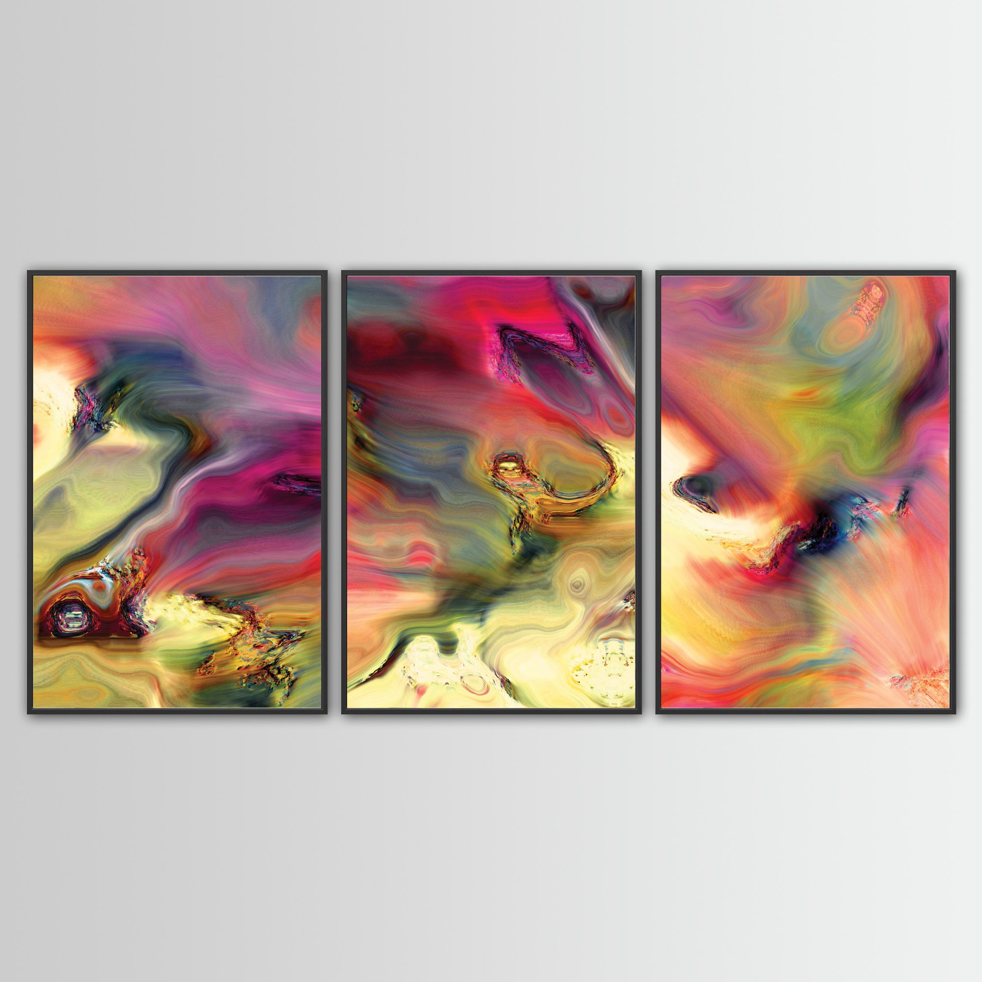 Abstract fine art triptych with swirling psychedelic liquid marble textures in vibrant magenta, ocher yellow, and wine red tones over a warm background, framed and ready to hang. With black frame