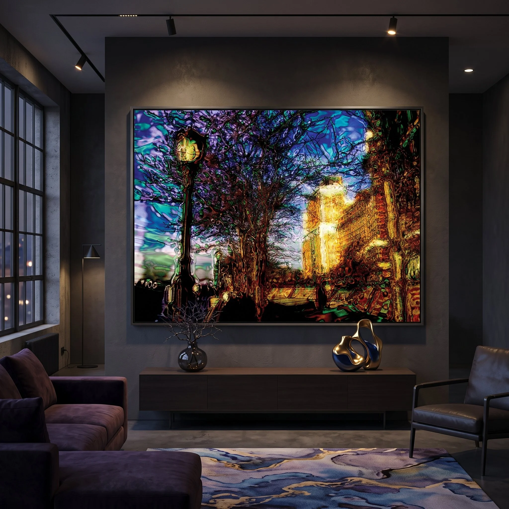 Large fine art print hanging on a dark textured wall in a luxury moody living room with a purple velvet sofa and an abstract watercolor rug