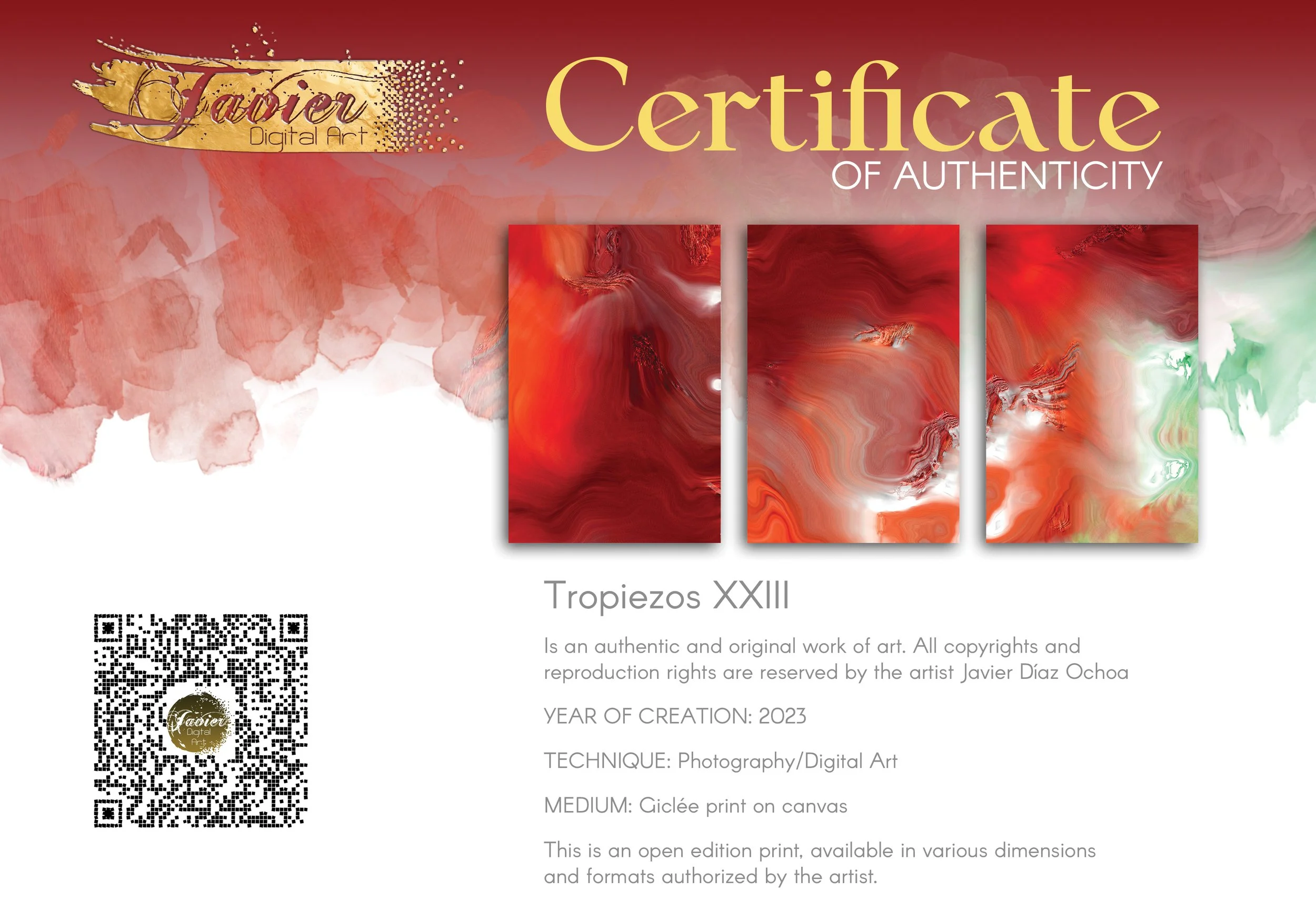 Abstracttriptych with flowing liquid marble textures in vibrant crimson red, burgundy, and coral orange, white highlights and light green. Certificate of Authenticity