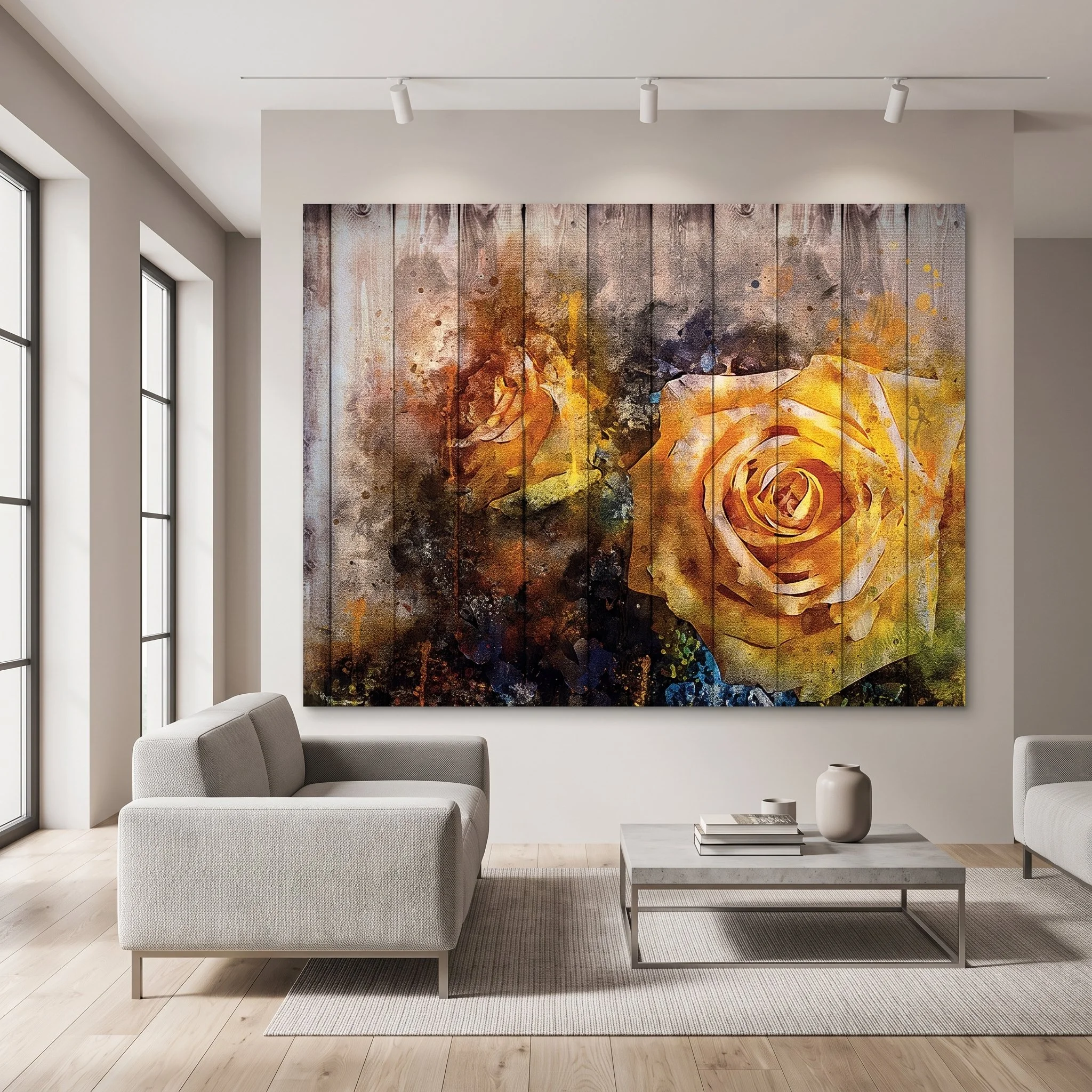 Large canvas art with a textured yellow rose design hanging in a modern living room, featuring a light grey armchair, concrete coffee table, and track lighting.