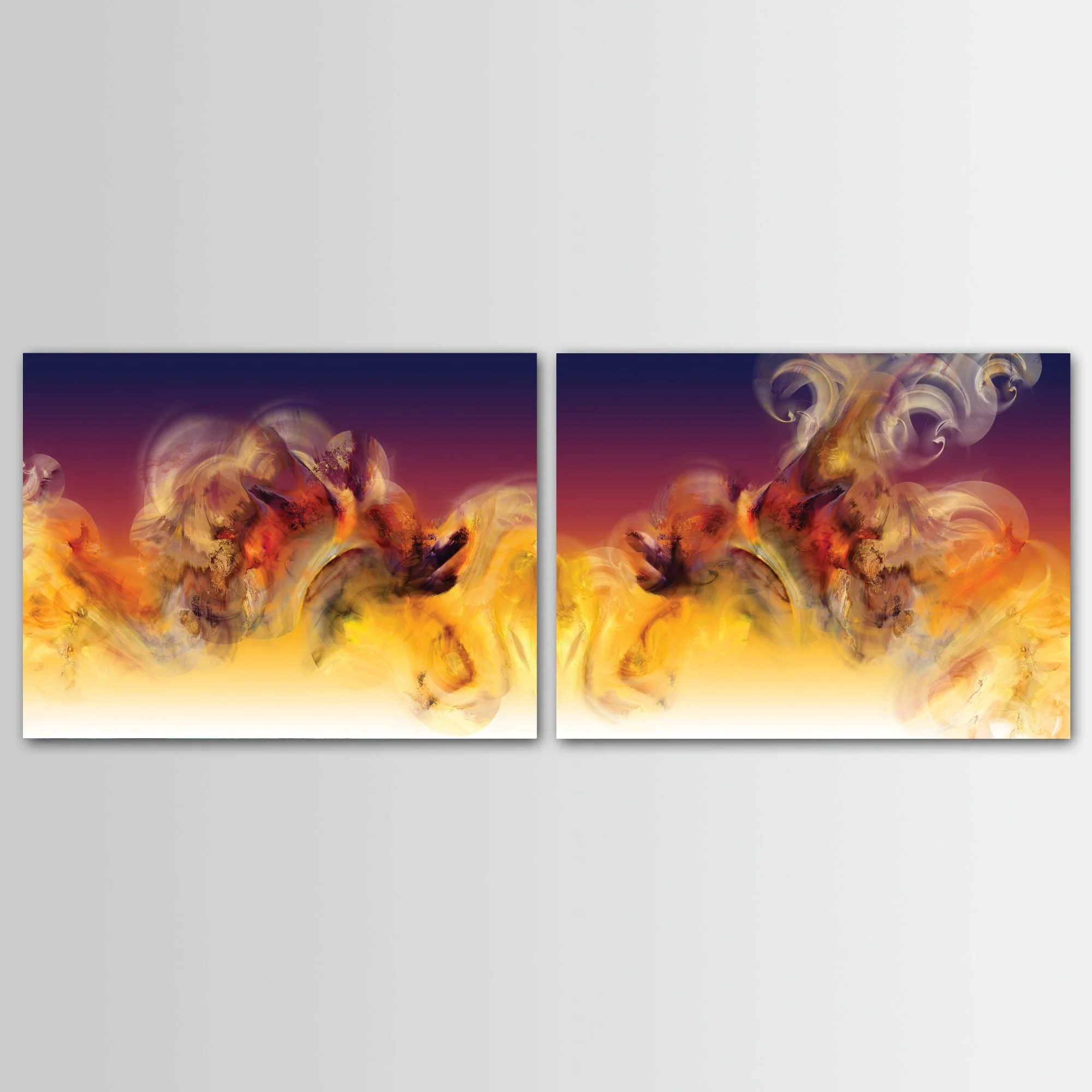 Abstract diptych with textured, cloud-like fluid shapes in orange, golden ocher, and red, with contrasting against a dark purple background, framed and ready to hang.