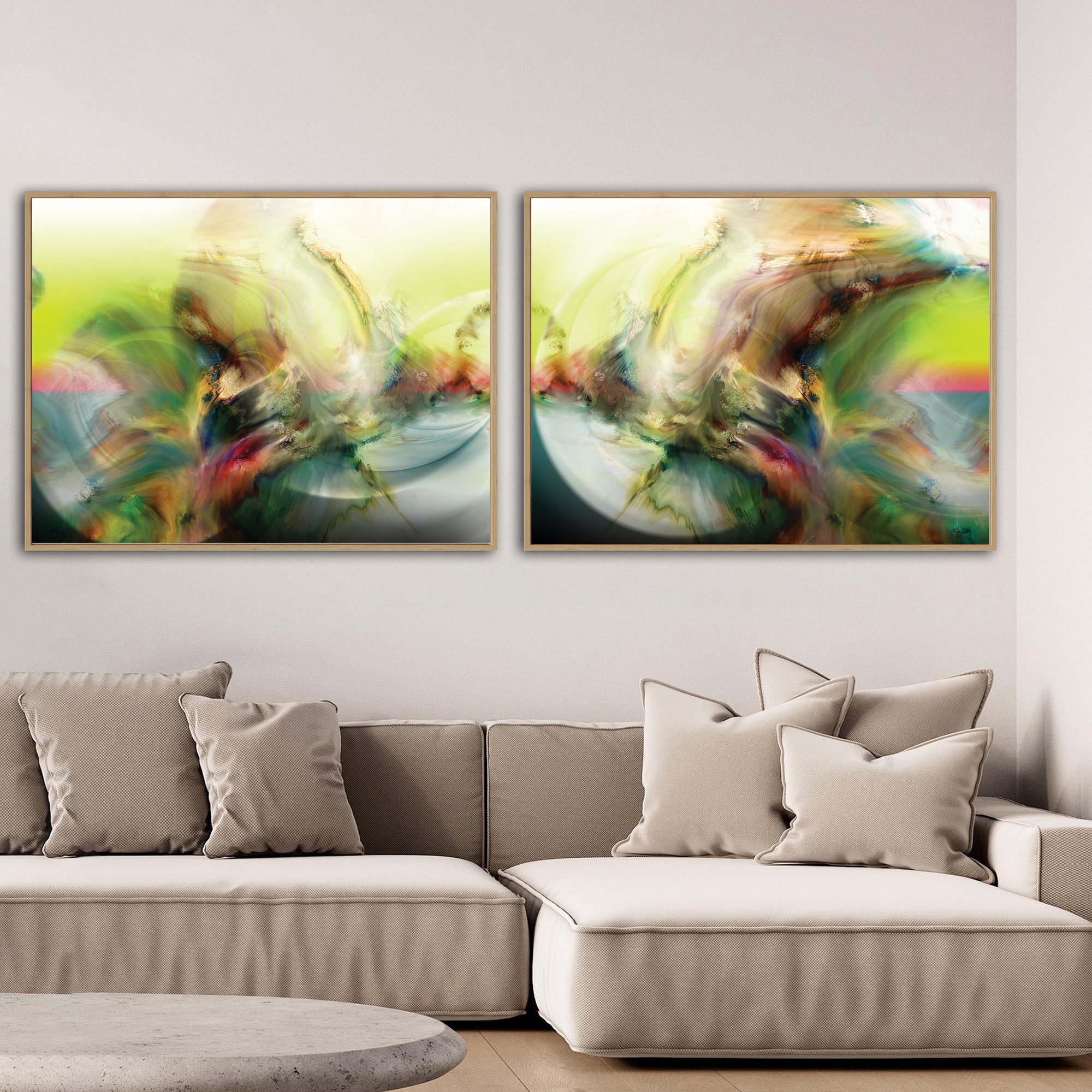 Abstract art diptych with luminous spherical shapes, organic textures, and background in yellow, cream, and sky blue tones, framed and ready to hang. Over grey couch