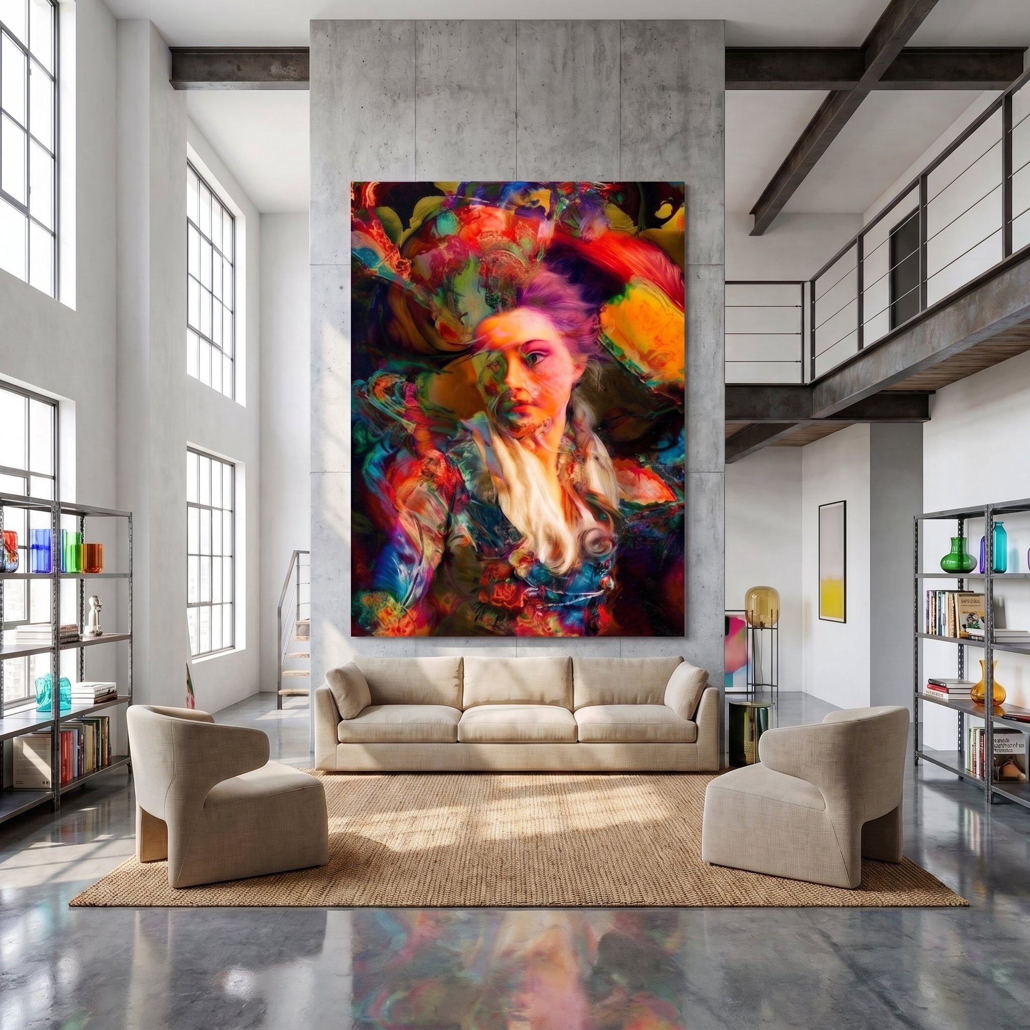 Large canvas art with a vibrant, colorful abstract portrait hanging on a high concrete wall in a luxury industrial loft with a beige sofa and polished concrete floors.