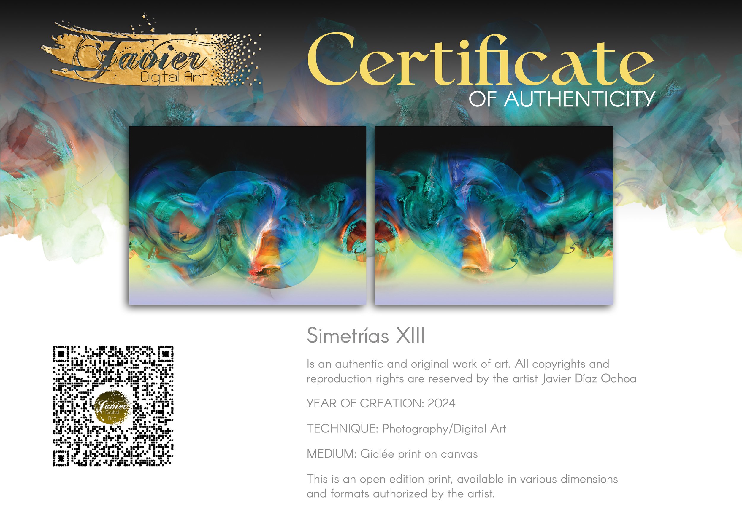 Abstract art diptych with swirling fluid shapes in vibrant blue, deep teal, and emerald green, with orange on black and yellow background, framed and ready to hang. Certificate of Authenticity