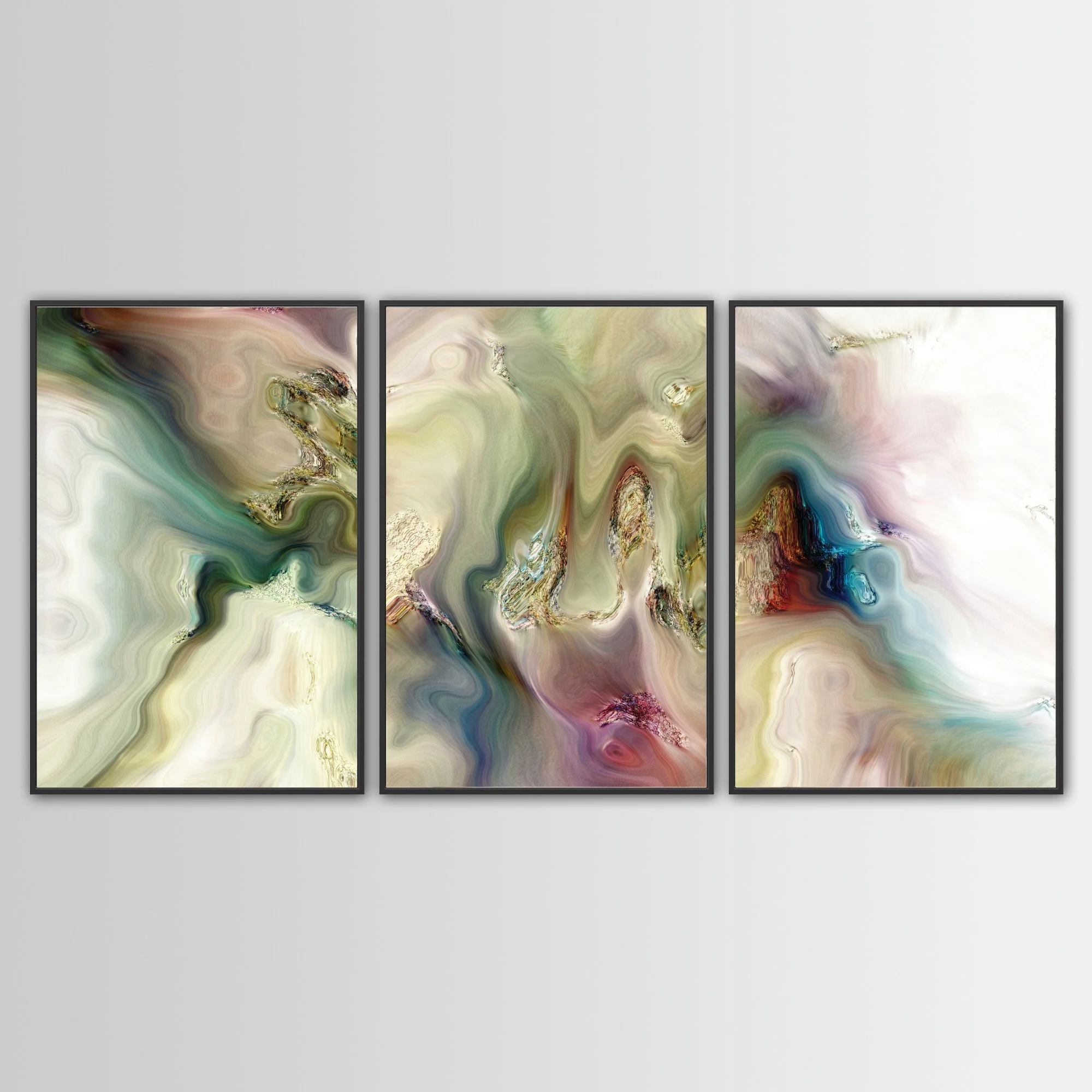 Abstract fine art triptych with marble textures and swirls in sage green, cream, and ocher tones with turquoise and violet highlights, framed and ready to hang. With black frame