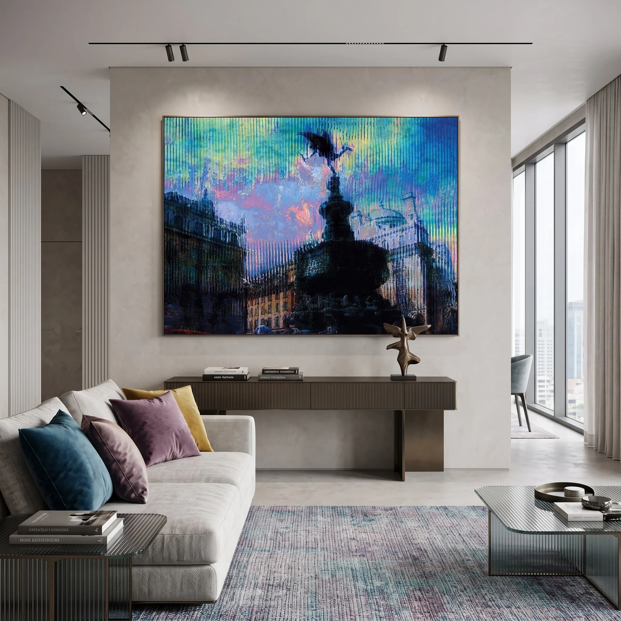 Large art fine art print of London Piccadilly Circus hanging on a beige wall in a modern luxury living room with a gray sofa and textured rug