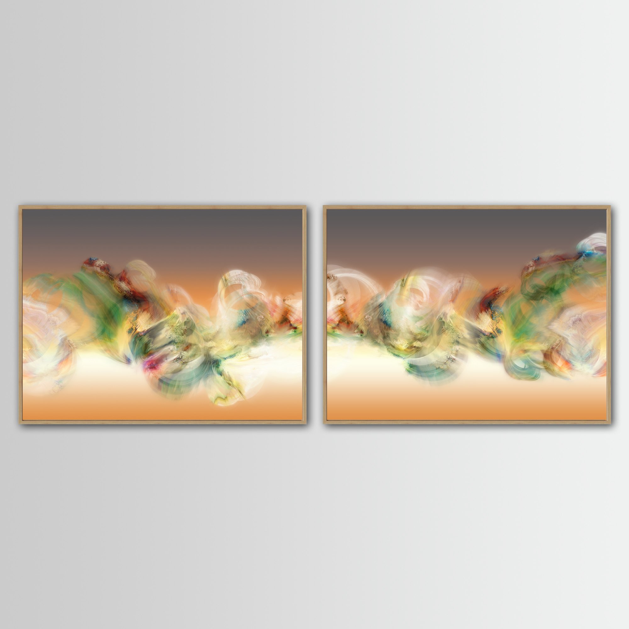 Abstract diptych with swirling smoke patterns and organic textures in green, cream, and ocher over a terracotta and grey background, framed and ready to hang. With wooden frame