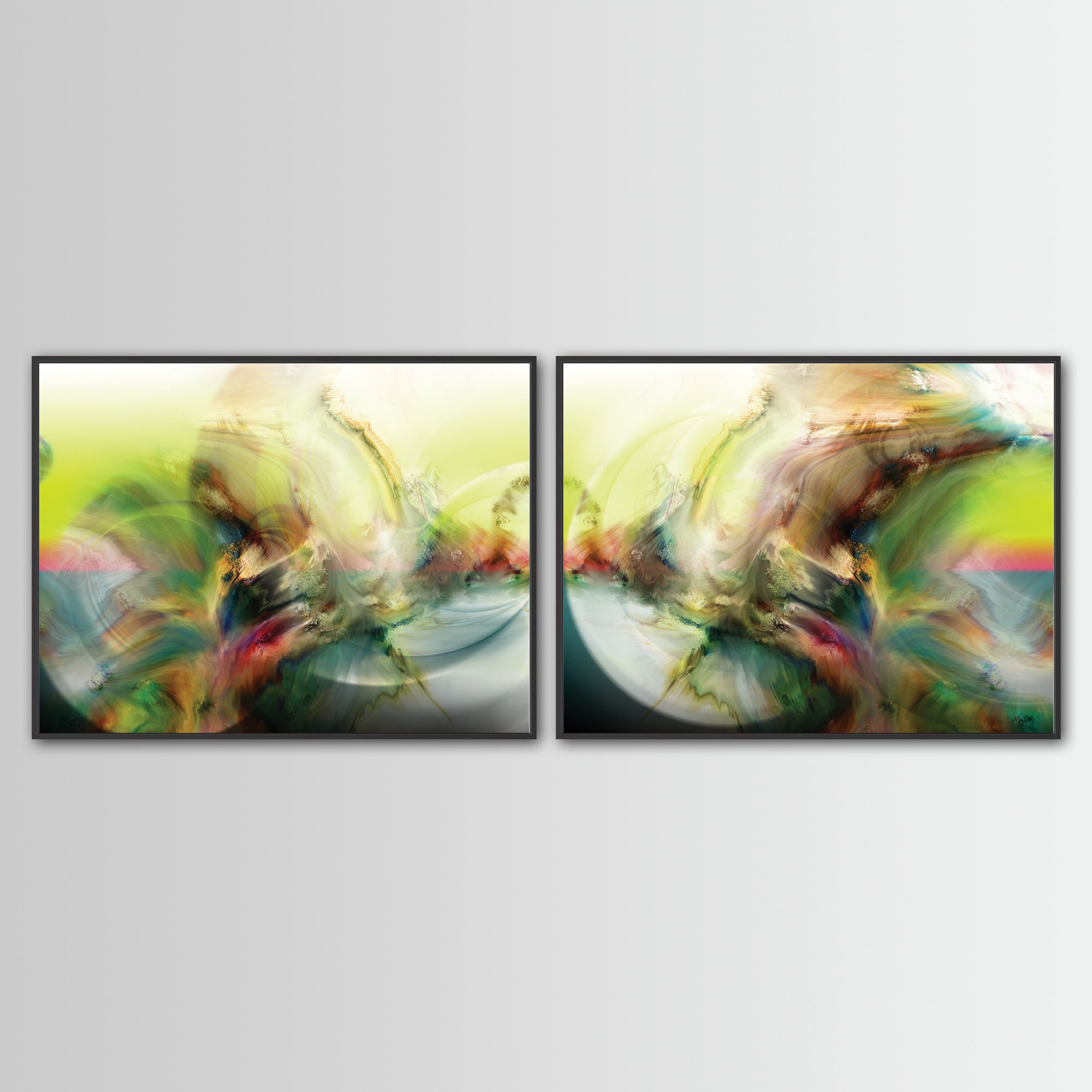 Abstract art diptych with luminous spherical shapes, organic textures, and background in yellow, cream, and sky blue tones, framed and ready to hang. With black frame