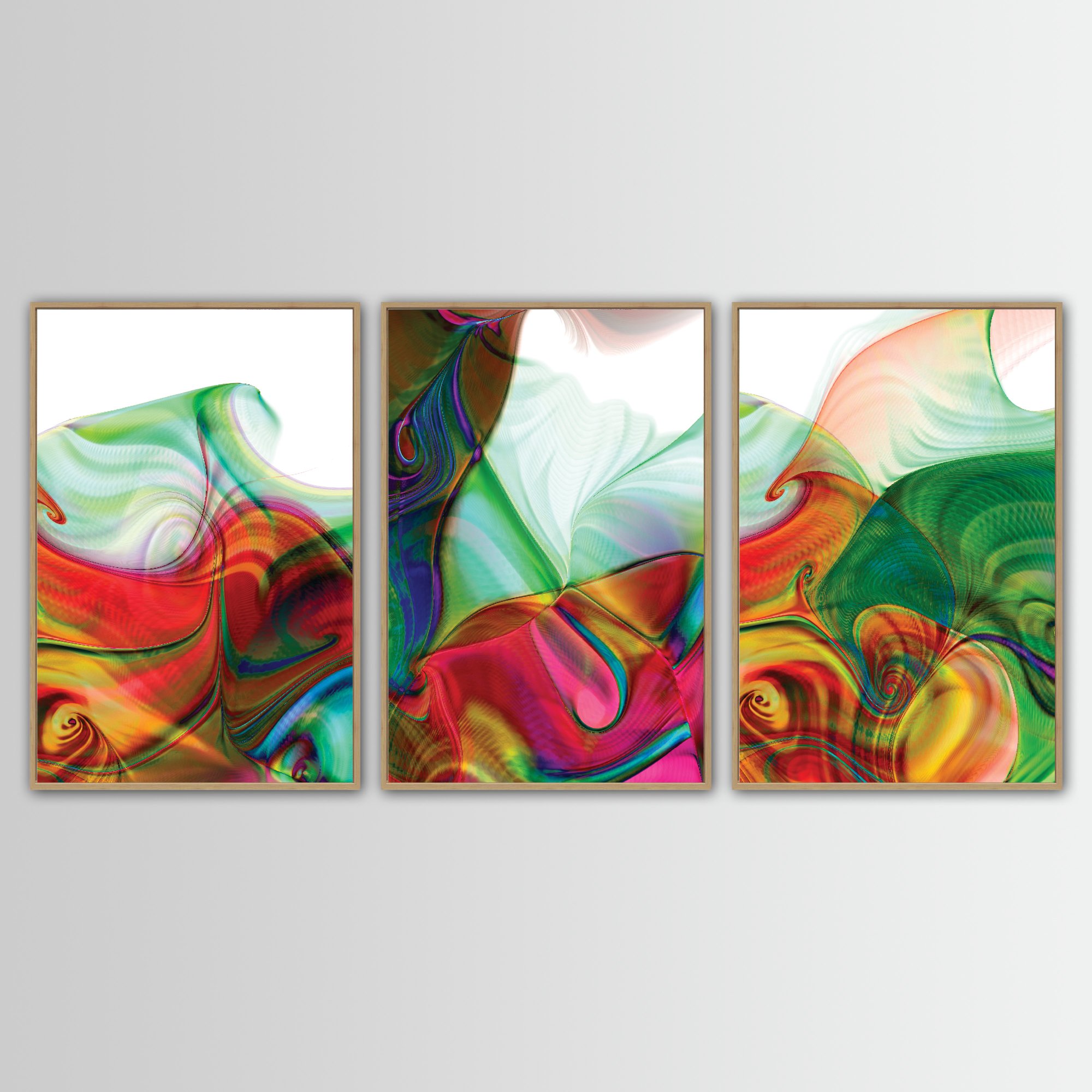Abstract triptych with swirling fluid shapes and line patterns in vibrant crimson red, magenta, and emerald green over white background, framed and ready to hang. With wooden frame