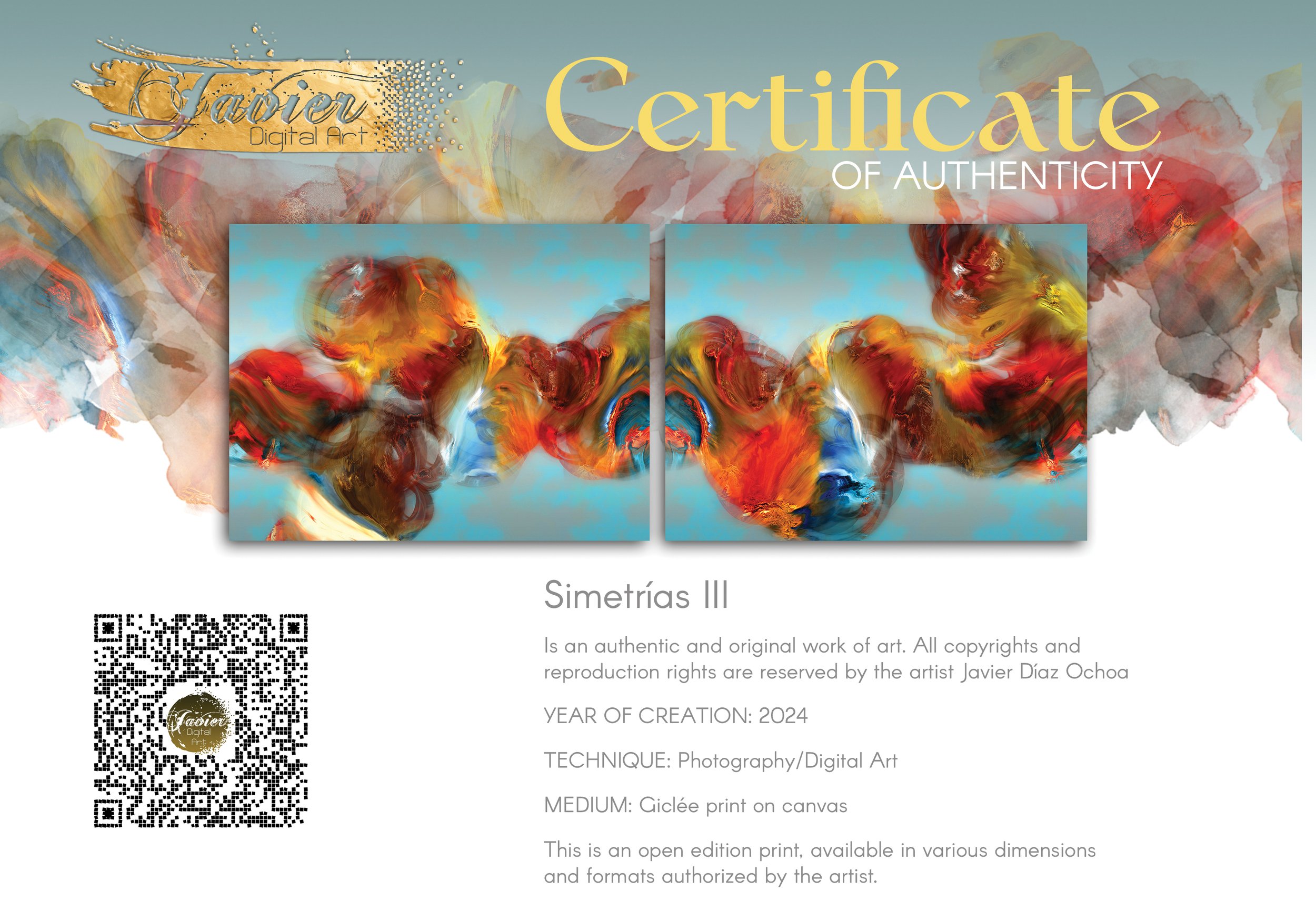 Abstract diptych with textured, cloud-like fluid shapes in red, orange, and golden ocher against a cerulean sky blue background, framed and ready to hang. Certificate of Authenticity