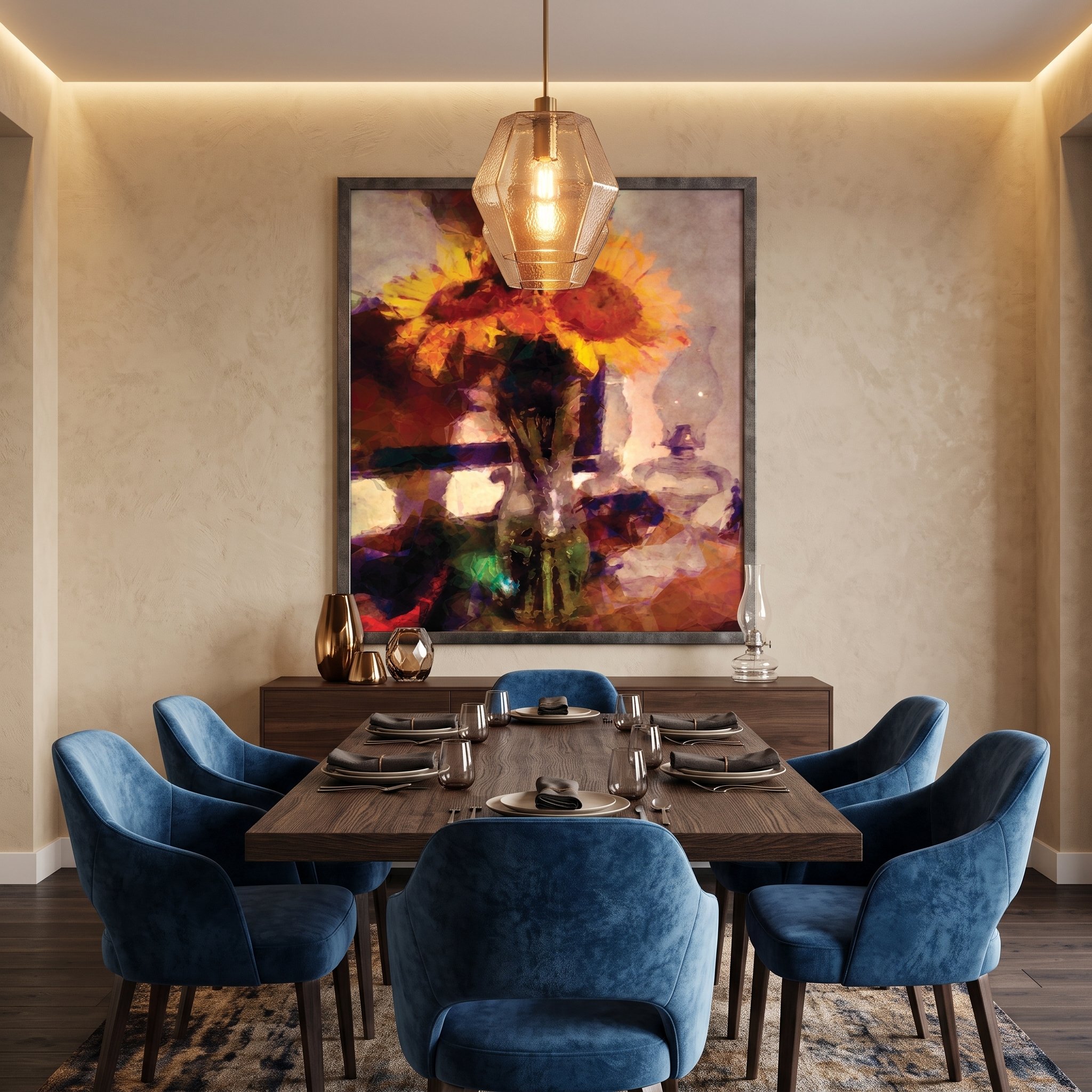 Canvas art with a sunflower, above a dark wood credenza in an elegant dining room, a long wooden dining table, blue velvet dining chairs, a gold pendant light, and neutral walls.