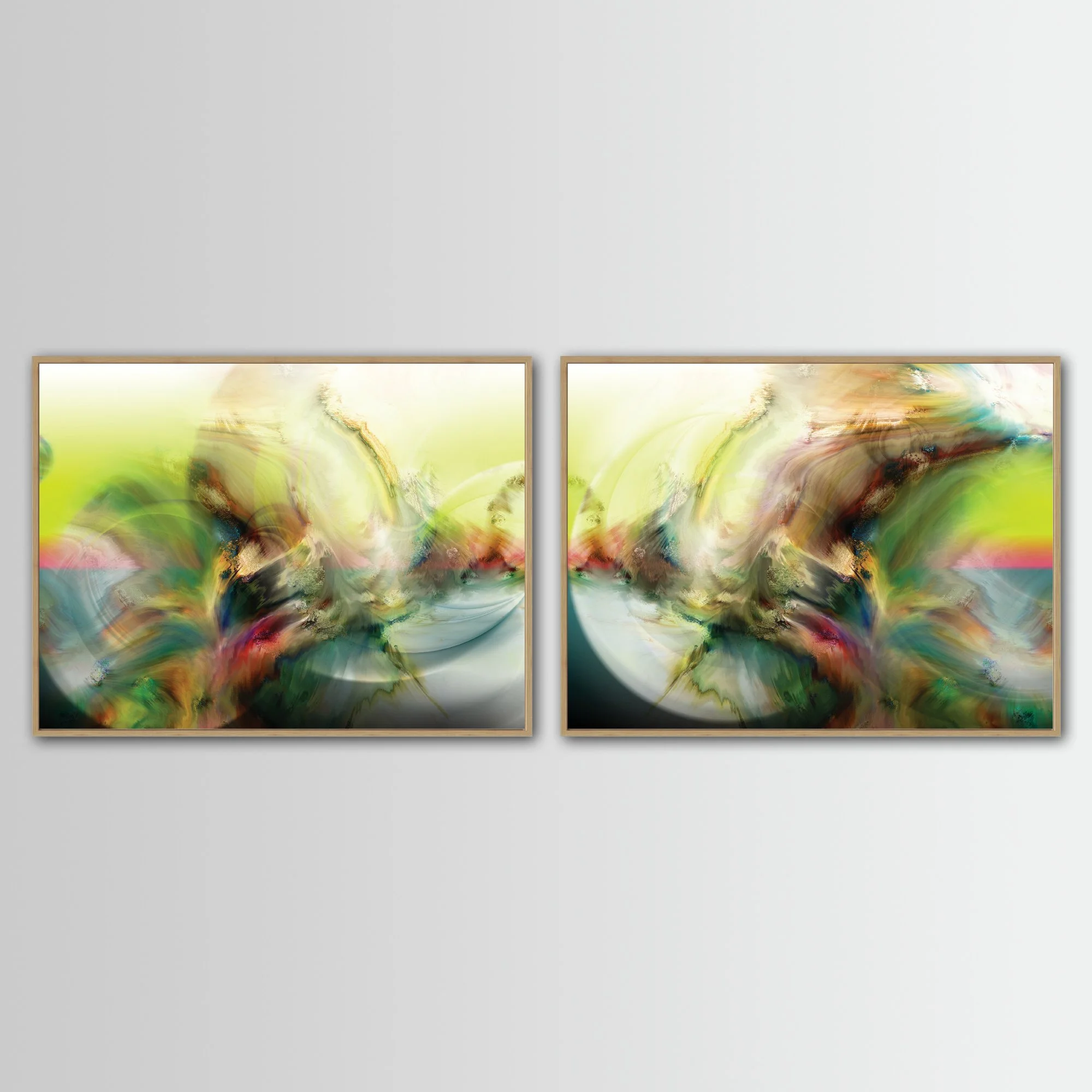 Abstract art diptych with luminous spherical shapes, organic textures, and background in yellow, cream, and sky blue tones, framed and ready to hang. With wooden frame