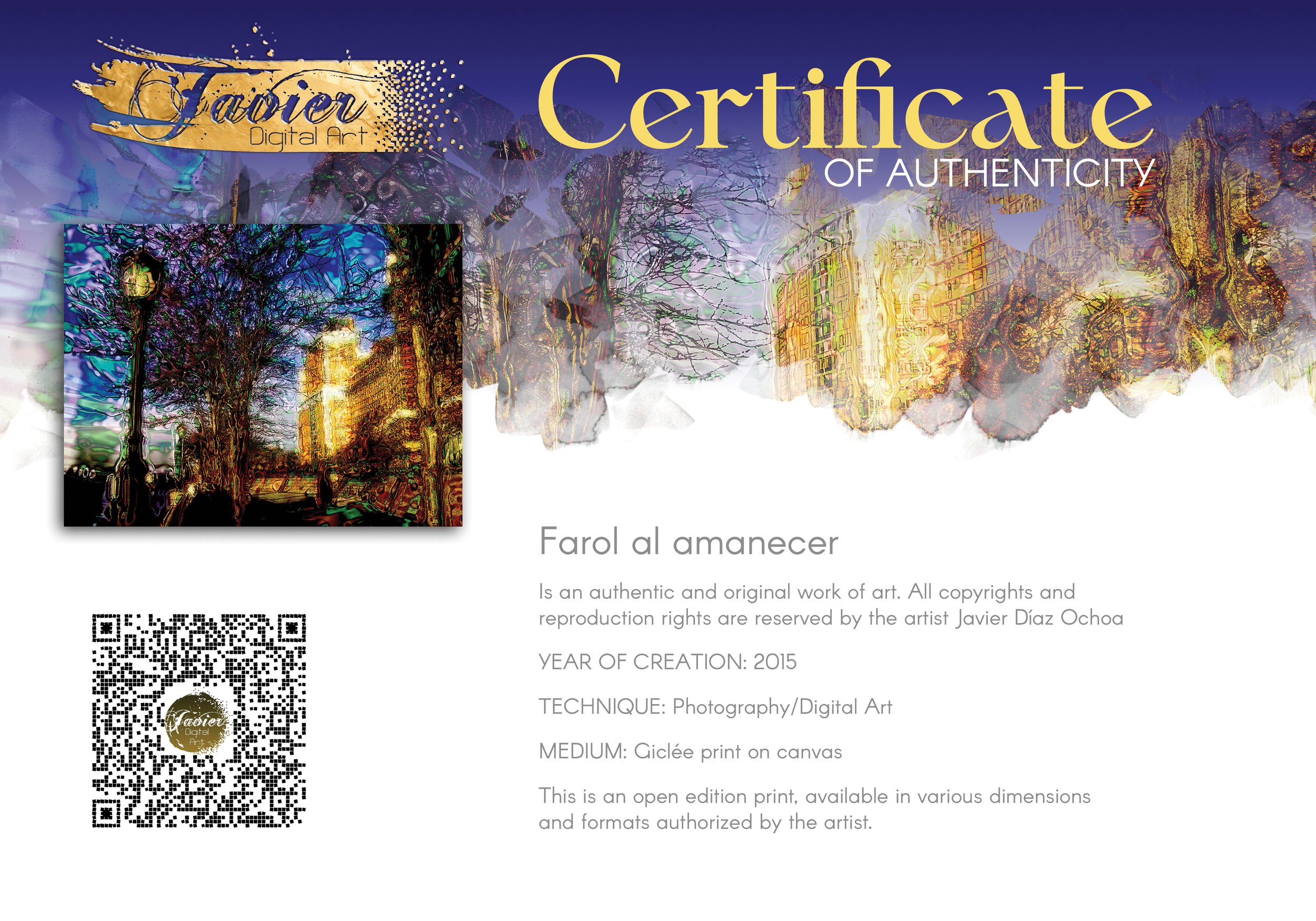 Abstract fine art print of a surreal city park at night with street lamp, bare trees, and electric blue, purple, and glowing gold liquid textures, framed and ready to hang. Certificate of Authenticity