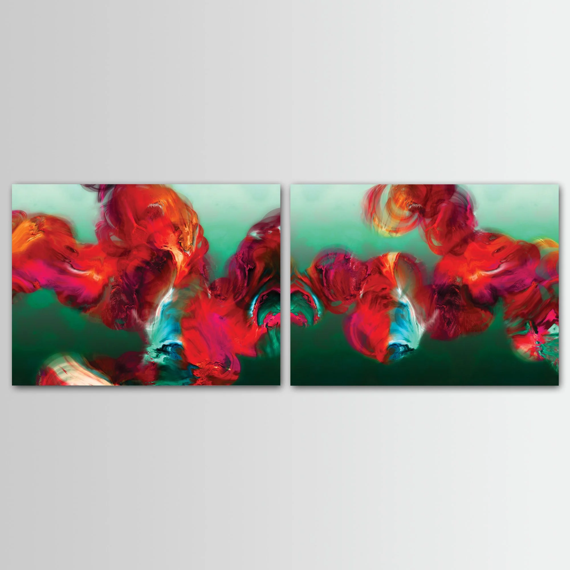 Abstract diptych with textured, cloud-like fluid shapes in fiery red, magenta, and bright ocher against a deep emerald green and teal background, framed and ready to hang.