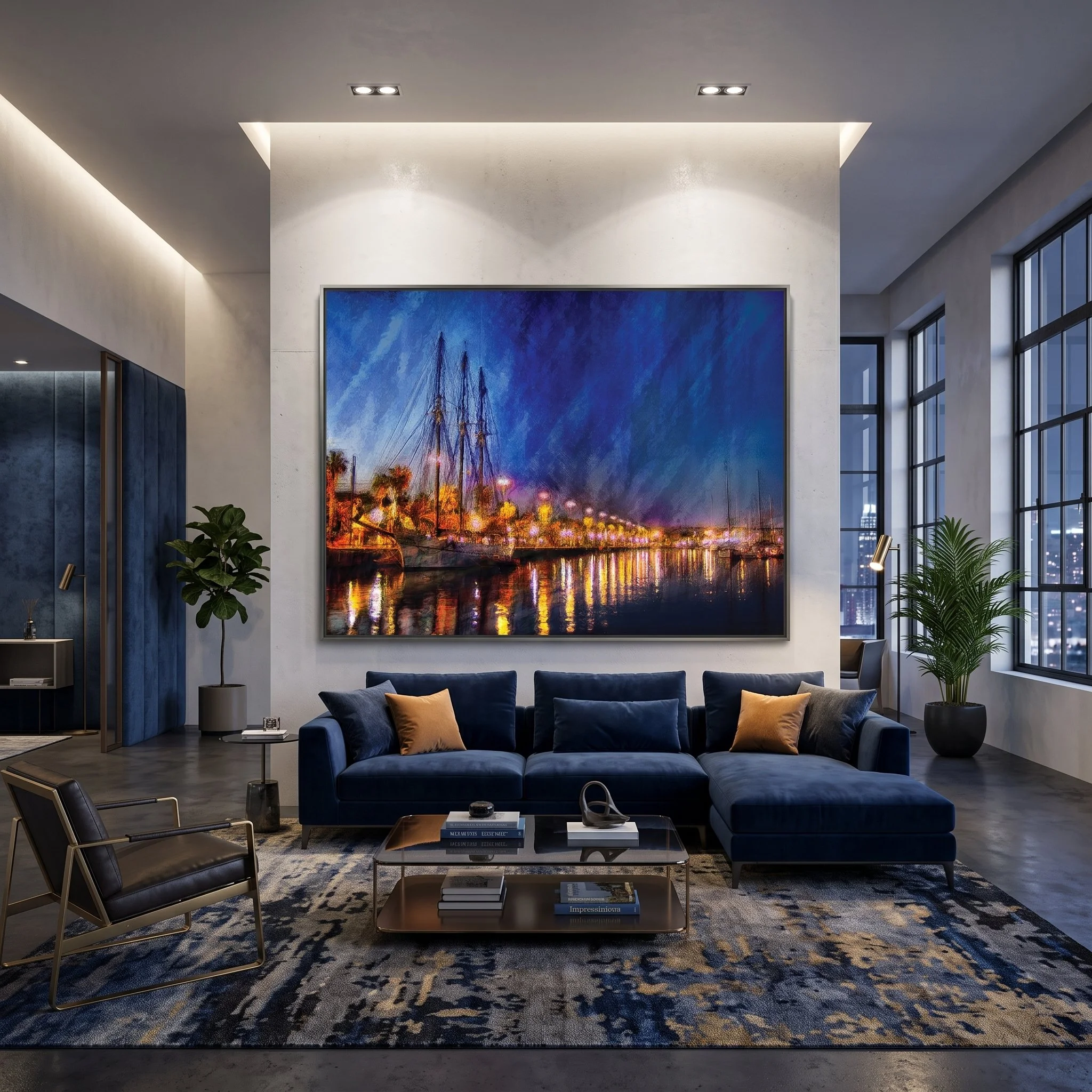 Large art fine art print of a night harbor hanging on a white wall in a luxury contemporary living room with a blue velvet sofa and large indoor plants