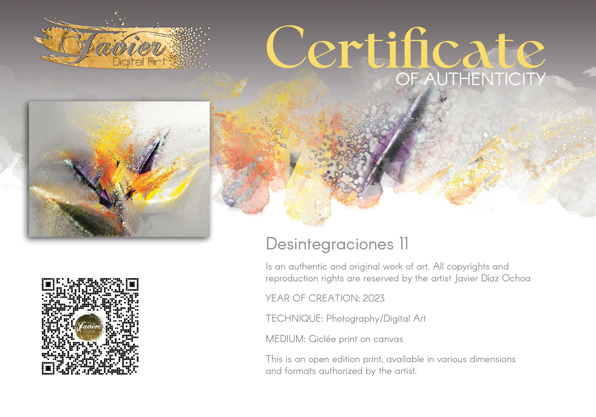 Abstract art evoking an exotic flower with stipple and splash textures in vibrant yellow, orange, and purple over a light gray background, framed and ready to hang. Certificate of Authenticity