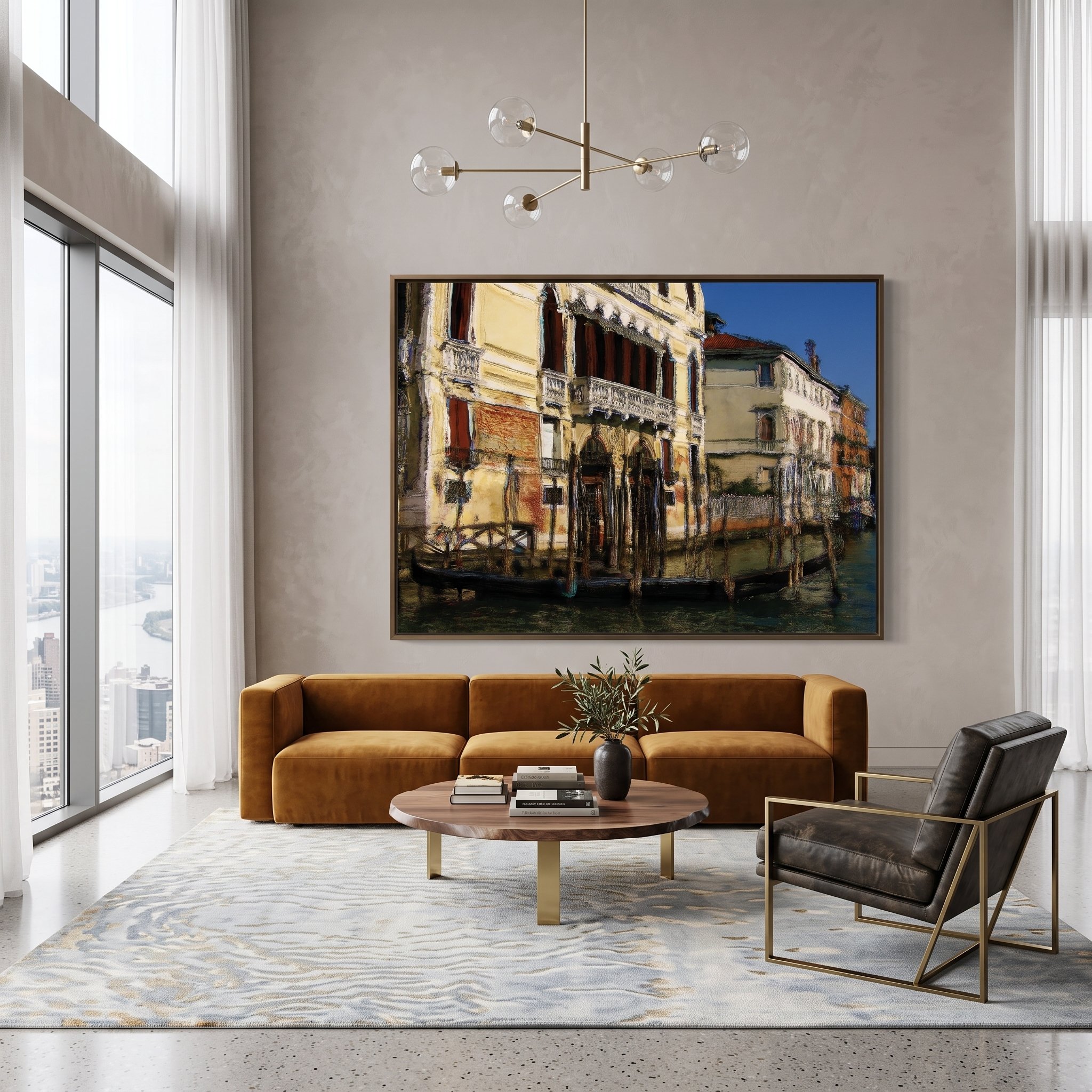 Large-format Venice fine art print hanging on a beige wall in a luxury penthouse living room with a terracotta sectional sofa and modern glass chandelier