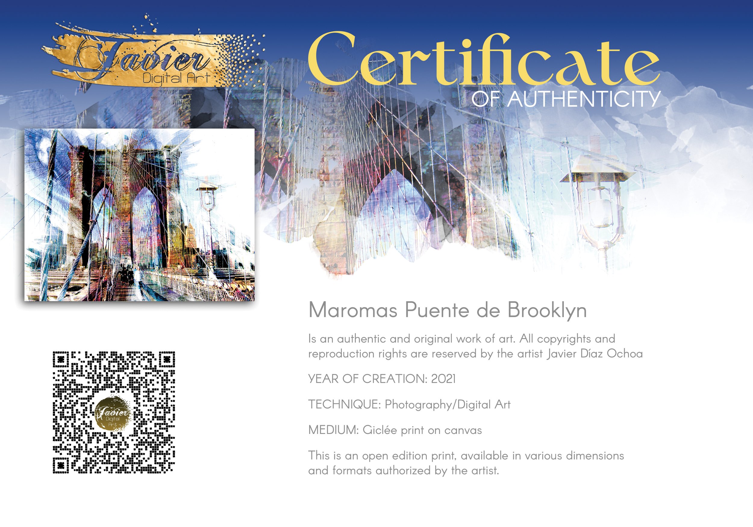 Expressionist art of a dramatic walking perspective of the Brooklyn Bridge with high-contrast architectural line textures and bright highlights, framed and ready to hang. Certificate of Authenticity