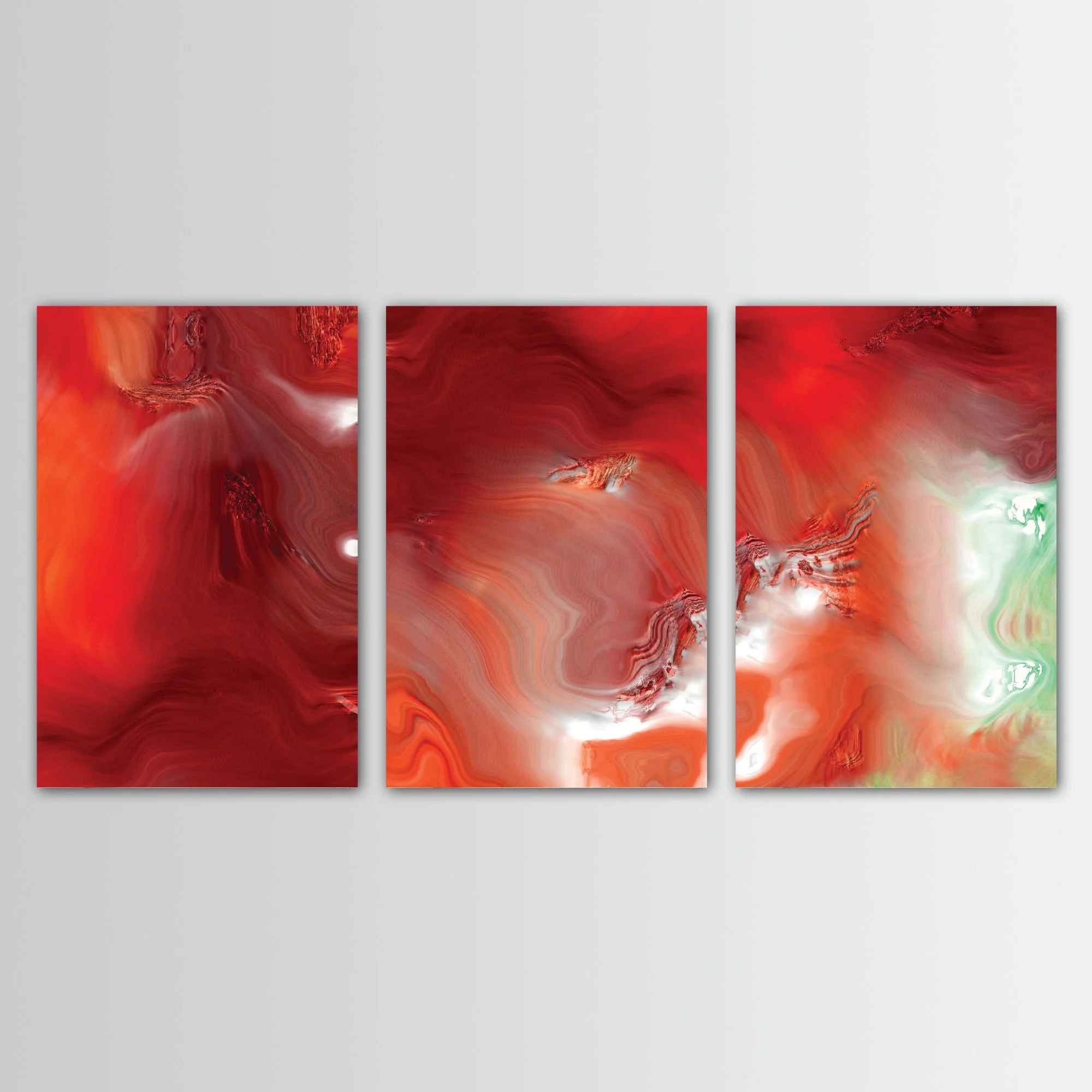 Abstract fine art triptych with dense, flowing liquid marble textures in vibrant crimson red, burgundy, and coral orange, white highlights and a touch of light green, framed and ready to hang.
