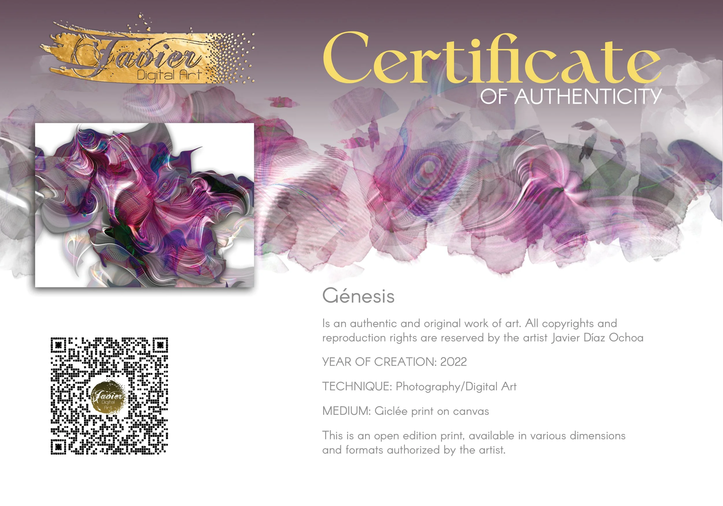 Large purple abstract painting hanging in a modern living room with a skylight, gray modular sofa, wood floors, and a textured rug. Certificate of Authenticity