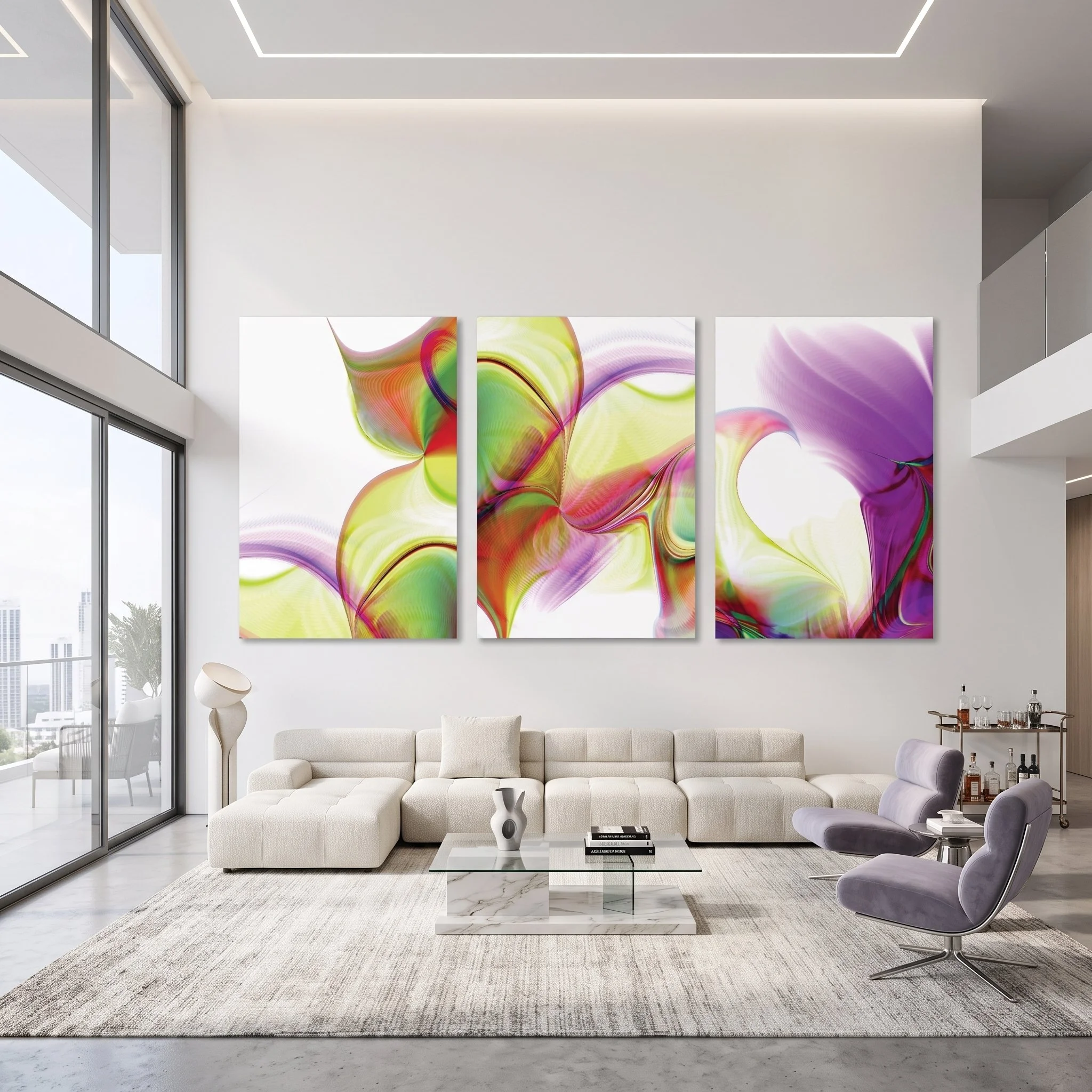 Abstract triptych on a white wall in luxury apartment with white sofa, two purple velvet chairs, a coffee table on a rug, and windows with a city view.