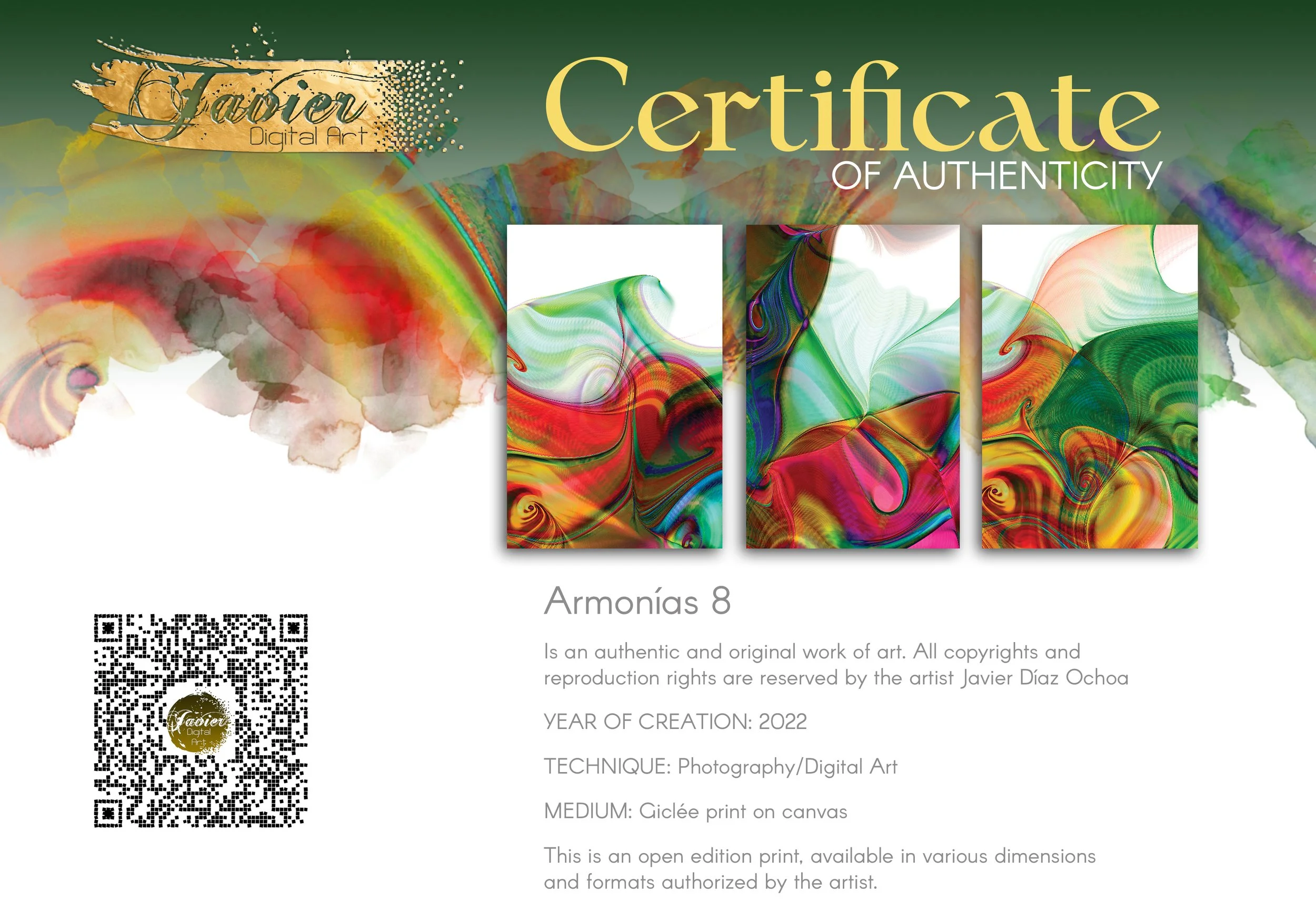 Abstract triptych with swirling fluid shapes and line patterns in vibrant crimson red, magenta, and emerald green over white background, framed and ready to hang. Certificate of Authenticity