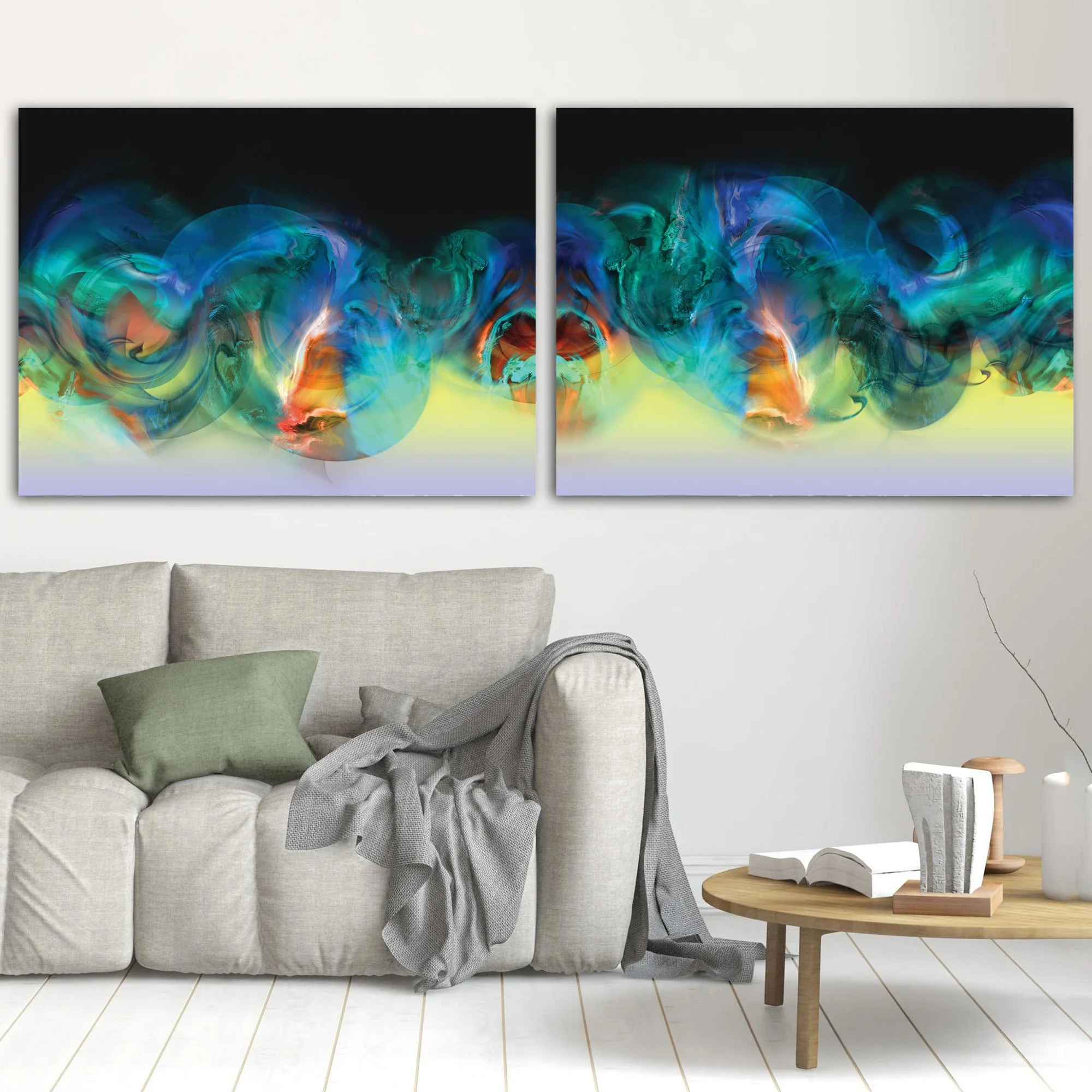 Abstract art diptych with swirling fluid shapes in vibrant blue, deep teal, and emerald green, with orange on black and yellow background, framed and ready to hang. In living room