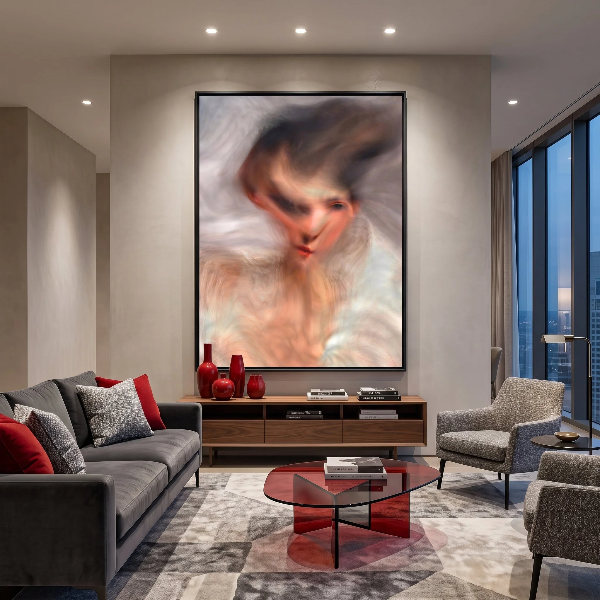 Large canvas art with a blurred abstract portrait hanging above a wooden credenza in a penthouse living room, featuring a dark grey sofa and a red glass coffee table.
