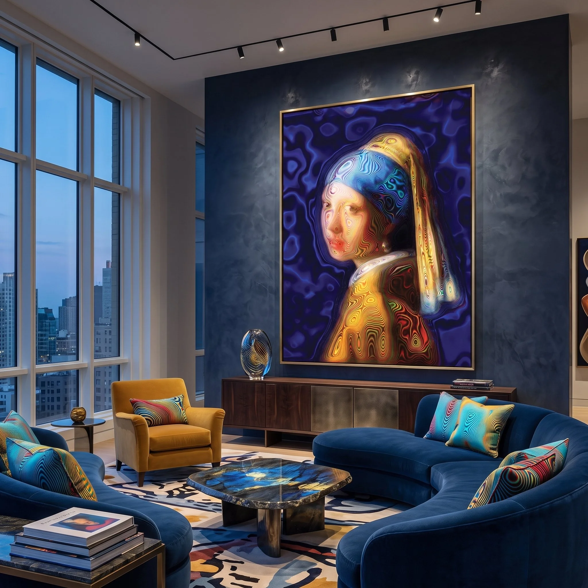 Large canvas art with a wavy, colorful modern interpretation of a classic portrait hanging in a luxury gallery space with track lighting, minimalist daybeds, and concrete floors.