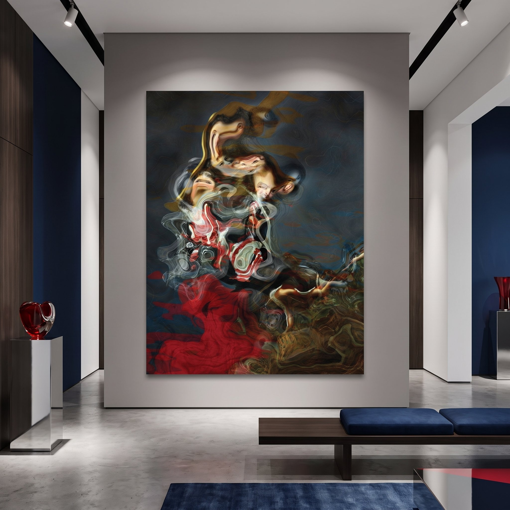 Large canvas art with a fluid surreal abstract design hanging in a modern luxury gallery, featuring polished concrete floors, blue velvet benches, and track lighting.